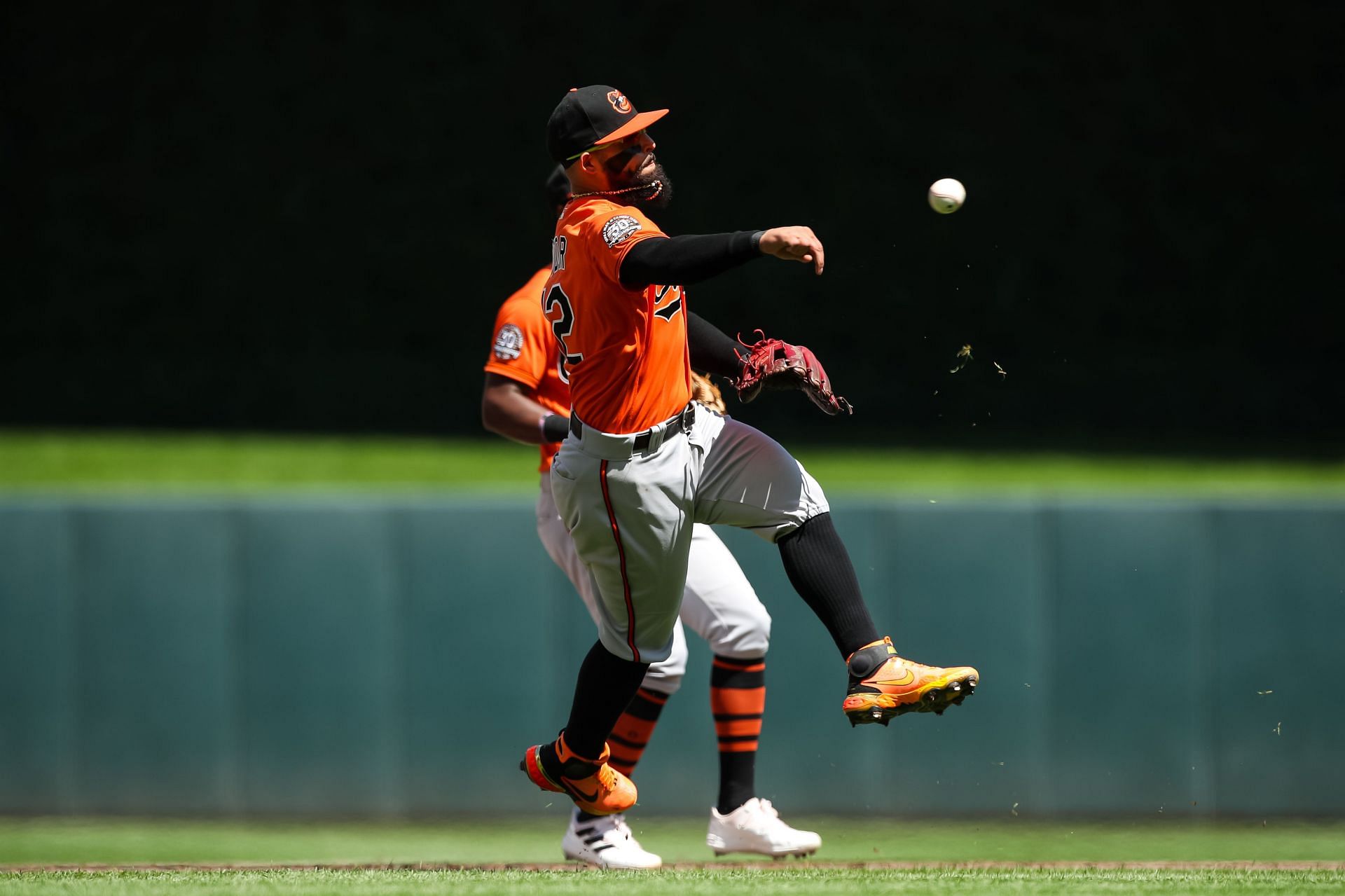 Baltimore Orioles infielder Rougned Odor threw out Cory Seager at first base after fielding a ground ball in shallow right field.