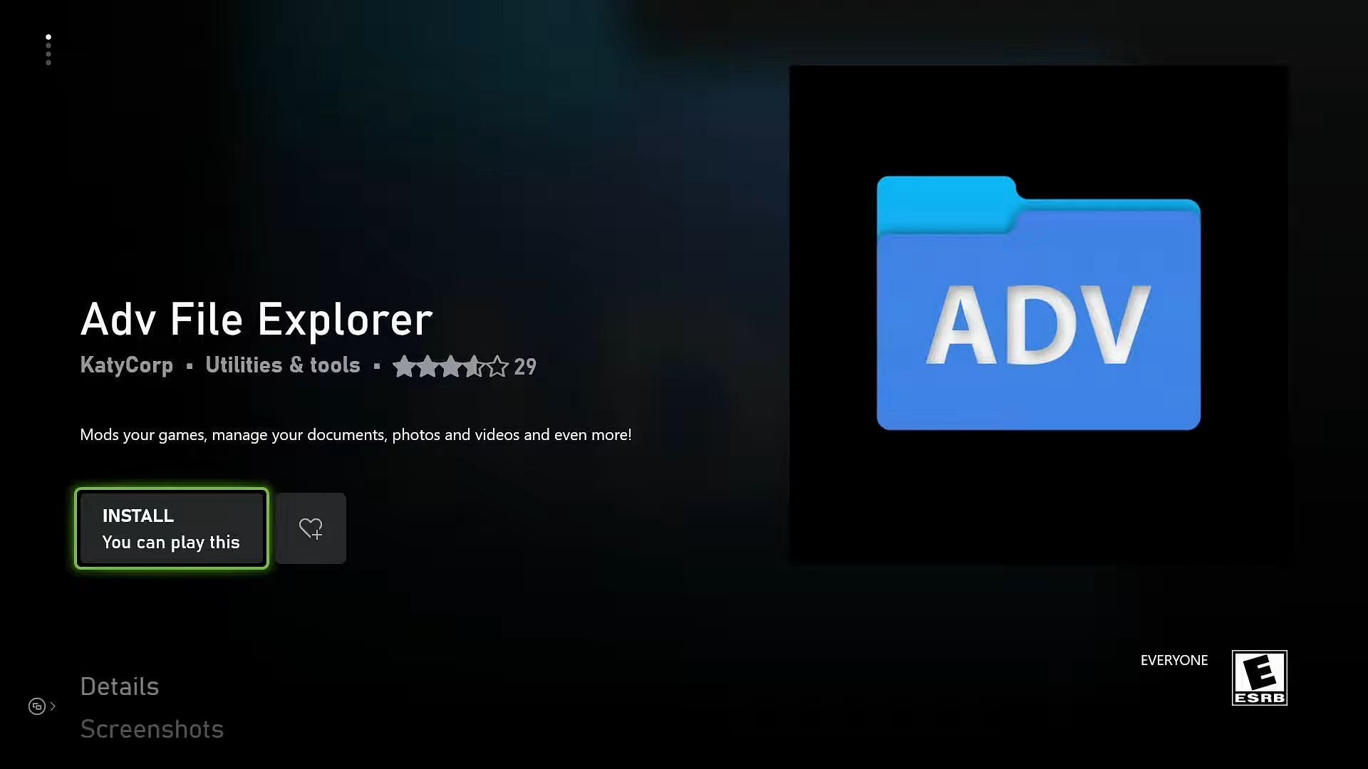 Adv File Explorer on the Xbox&#039;s Microsoft Storefront (Image via Microsoft Store)