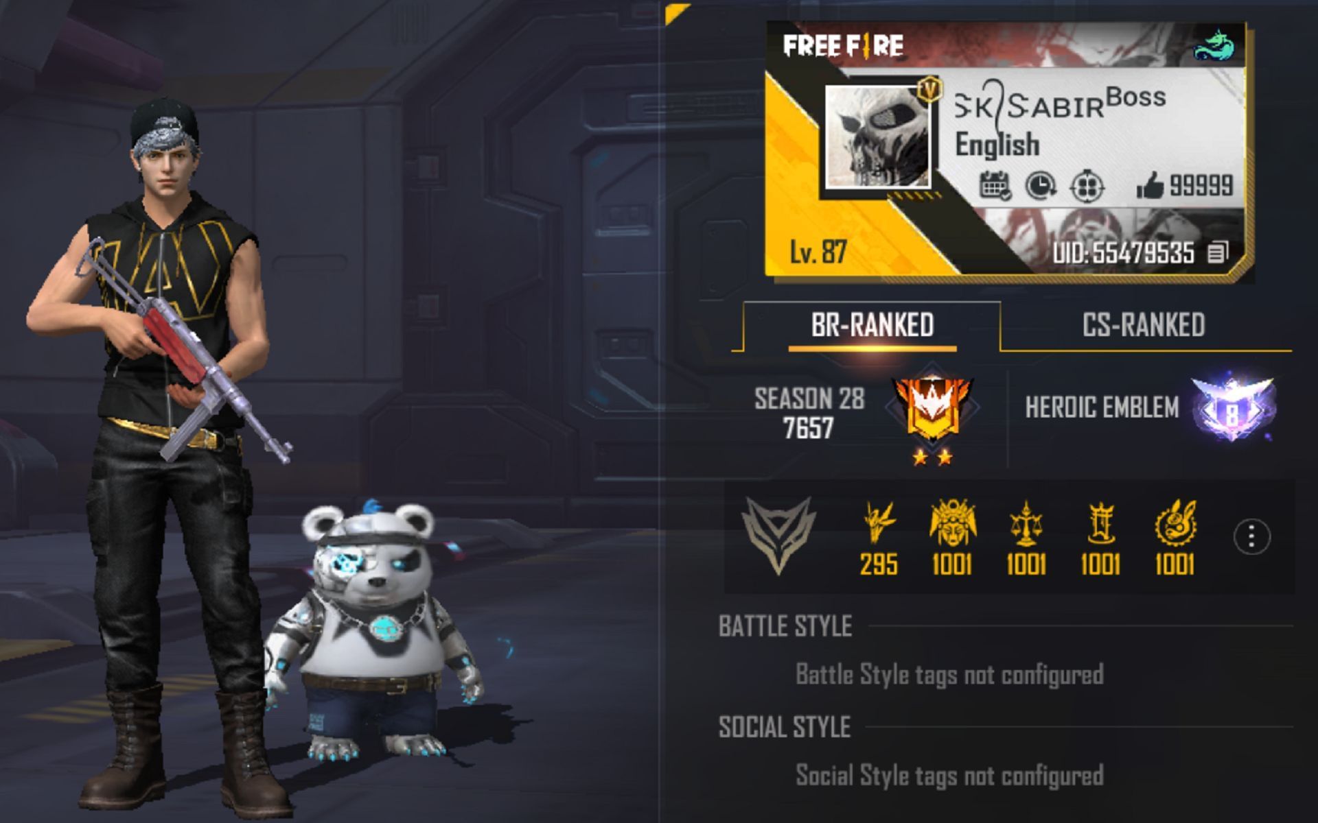 SK Sabir Boss’ Free Fire ID, stats, rank, K/D ratio, and monthly