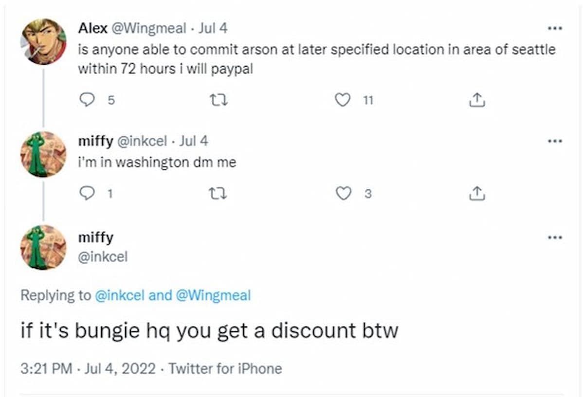 The individual threatened to burn Bungie&#039;s office down on Twitter (Screenshot by Bungie)