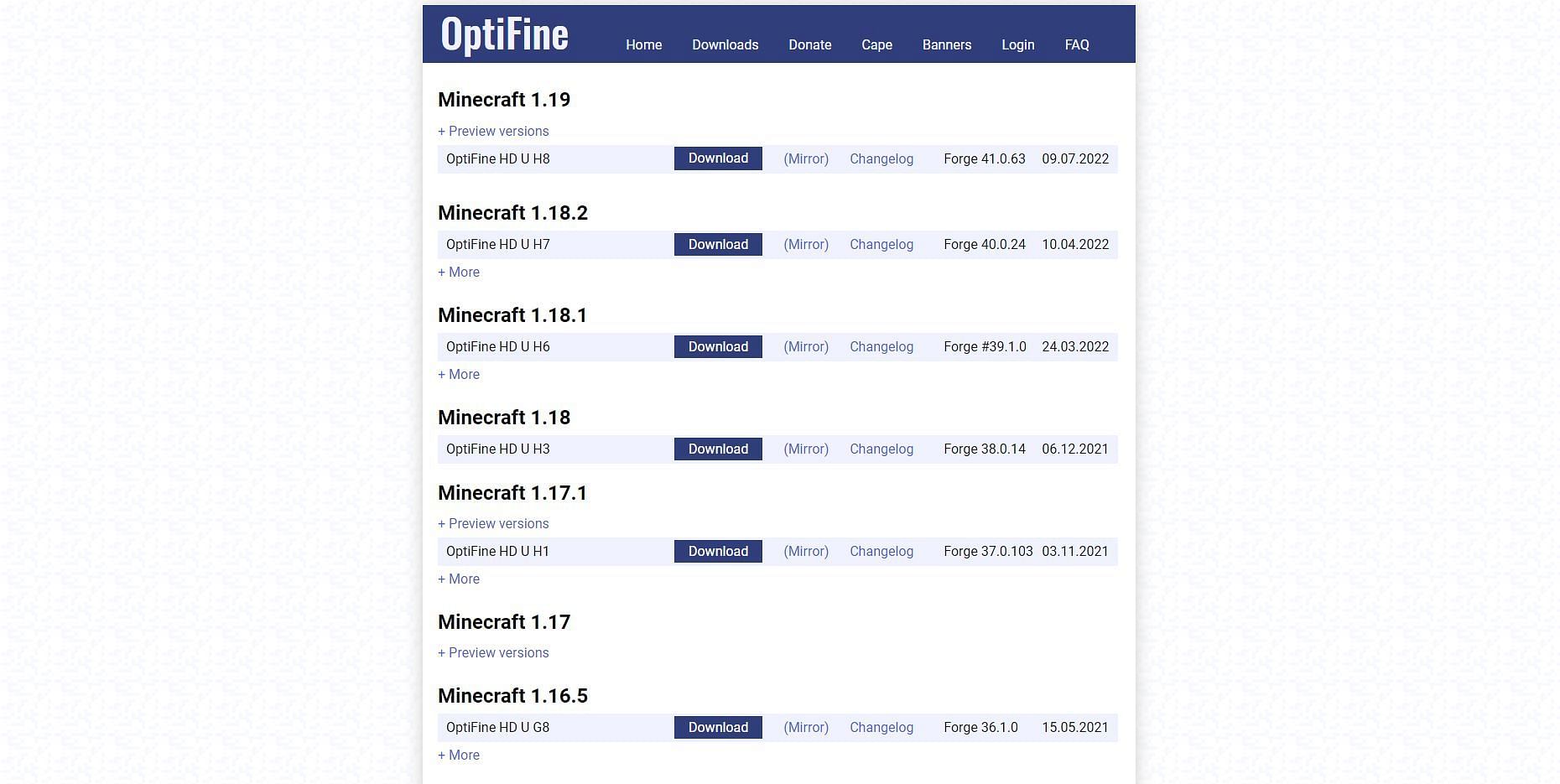 The OptiFine version download list (Image via optifine.net)
