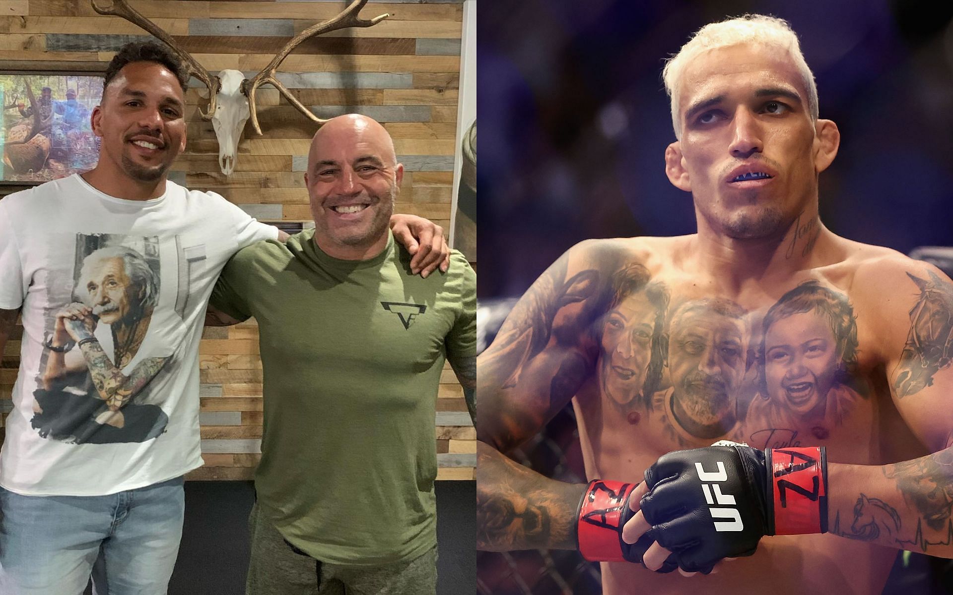Eryk Anders (left), Joe Rogan (center), and Charles Oliveira (right) (Images via Instagram/Eryk Anders and Getty)