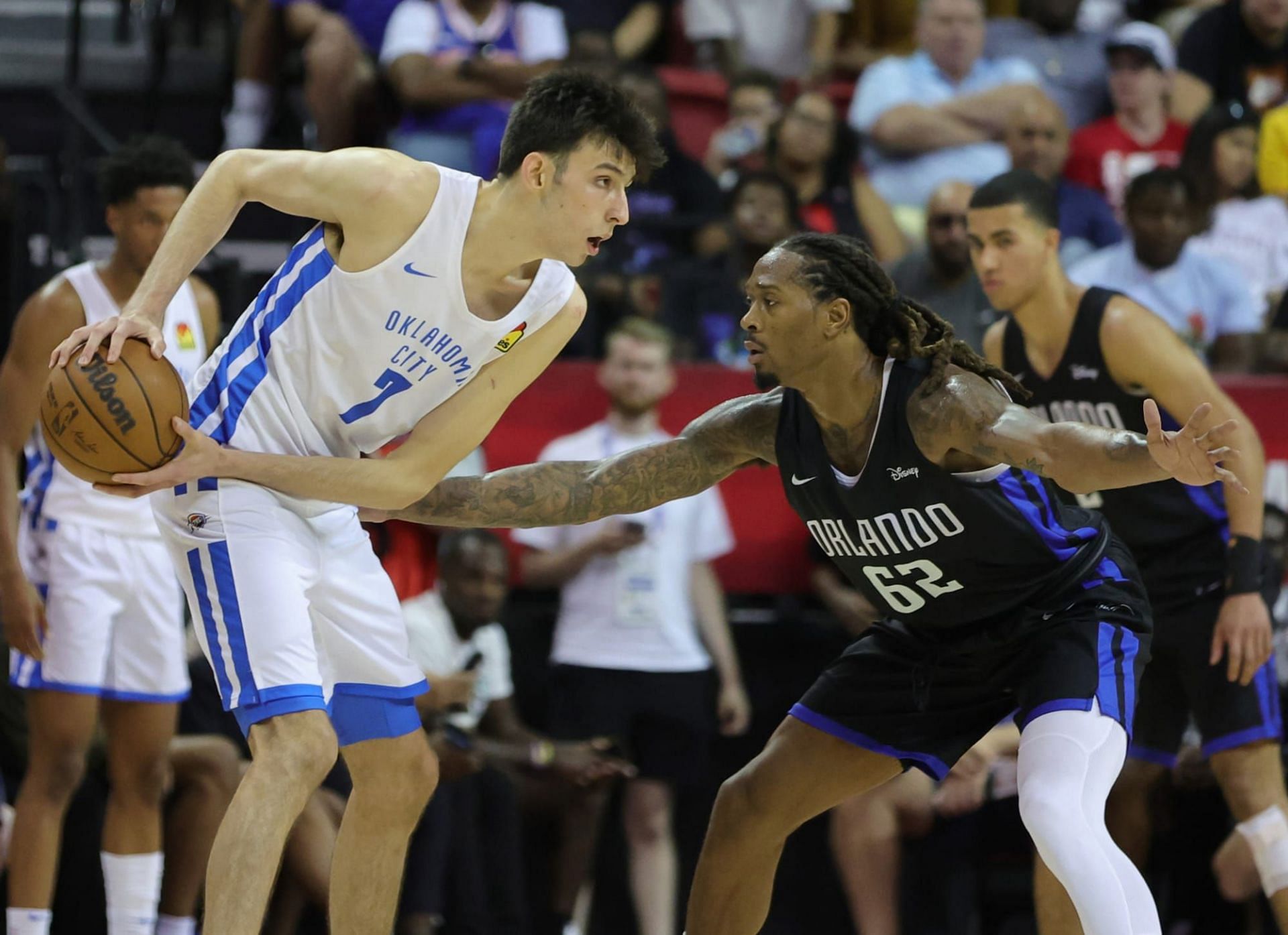 Emanuel Terry of the Orlando Magic against Chet Holmgren of the OKC Thunder in the Summer League
