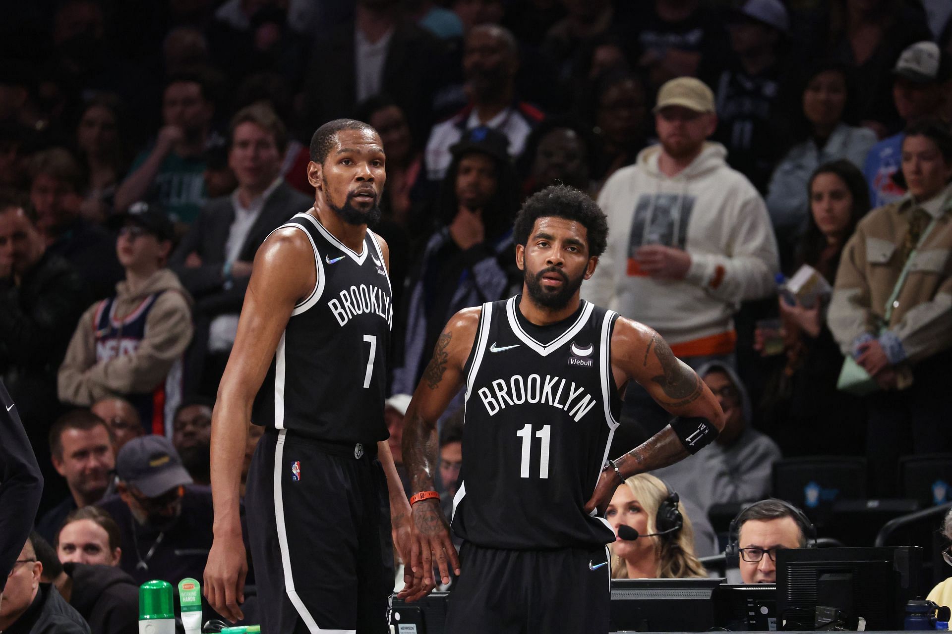 Brooklyn Nets stars Kevin Durant, left, and Kyrie Irving