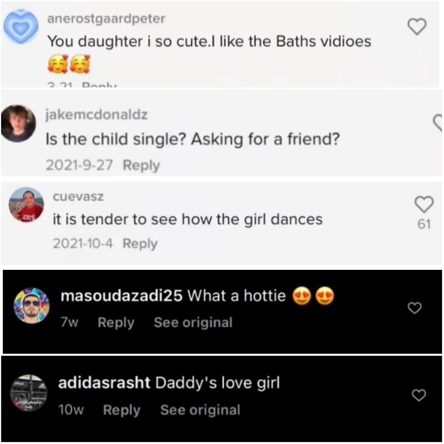 Screenshot of comments under the child&#039;s TikTok content (Image via morganmoore6969/TikTok)