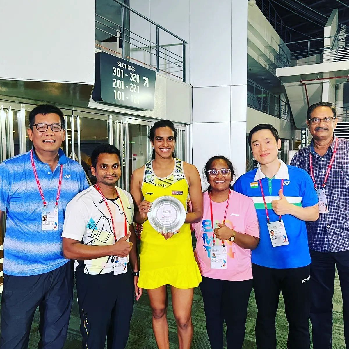 PV Sindhu with her support staff after the Singapore Open final on Sunday. (Pic credit: Evangeline Baddam)
