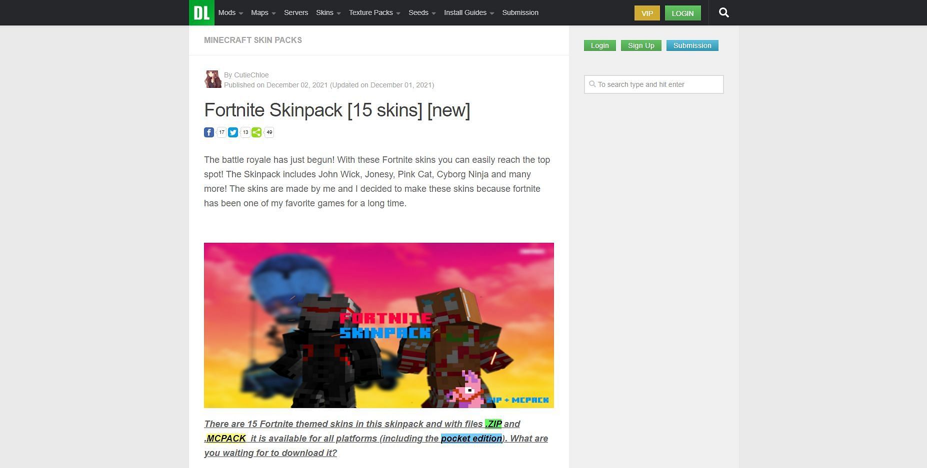 An example of a skinpack on MCPEDL (Image via MCPEDL)