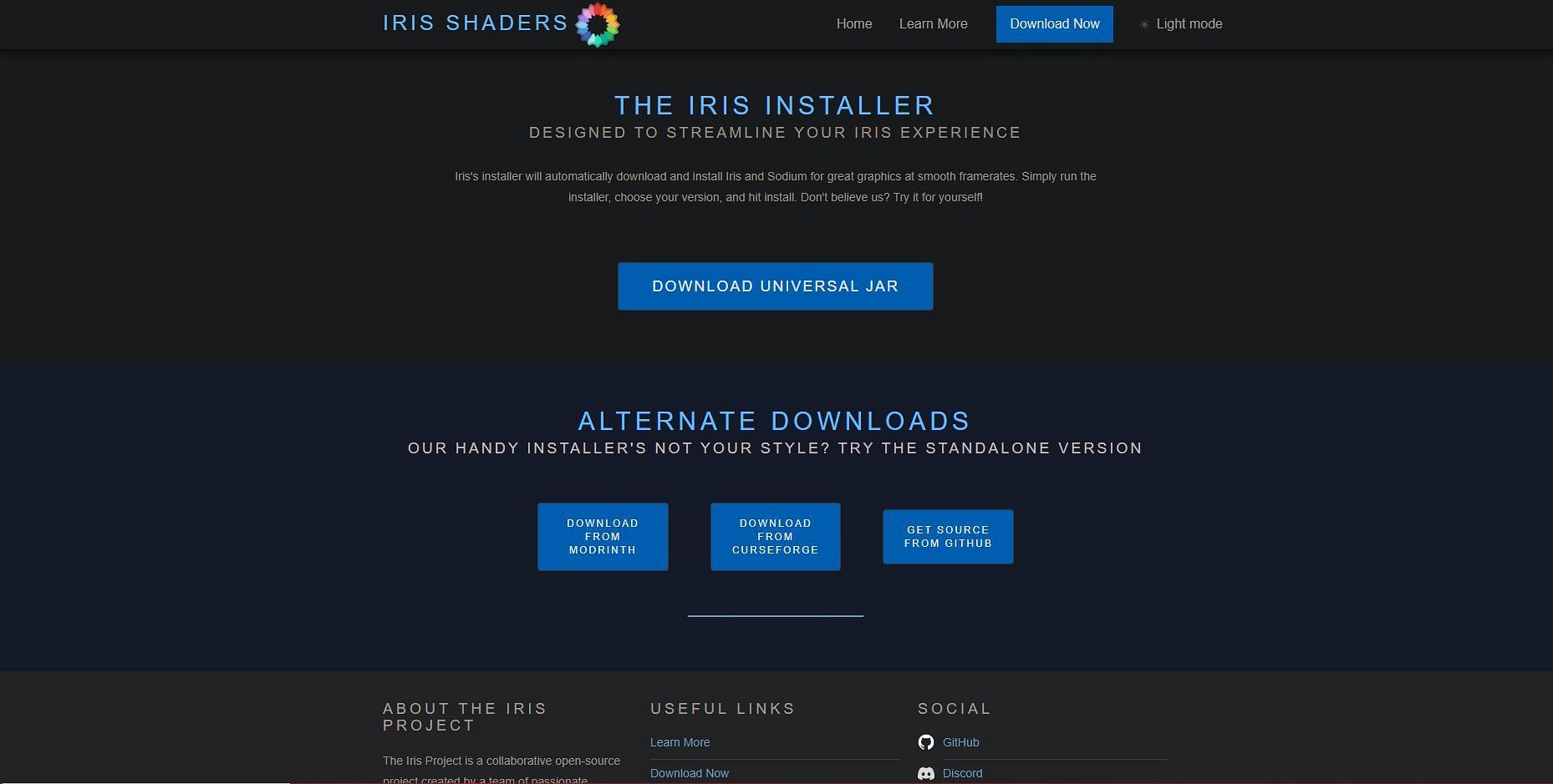 The Iris Shader download page (Image via irisshaders.net)