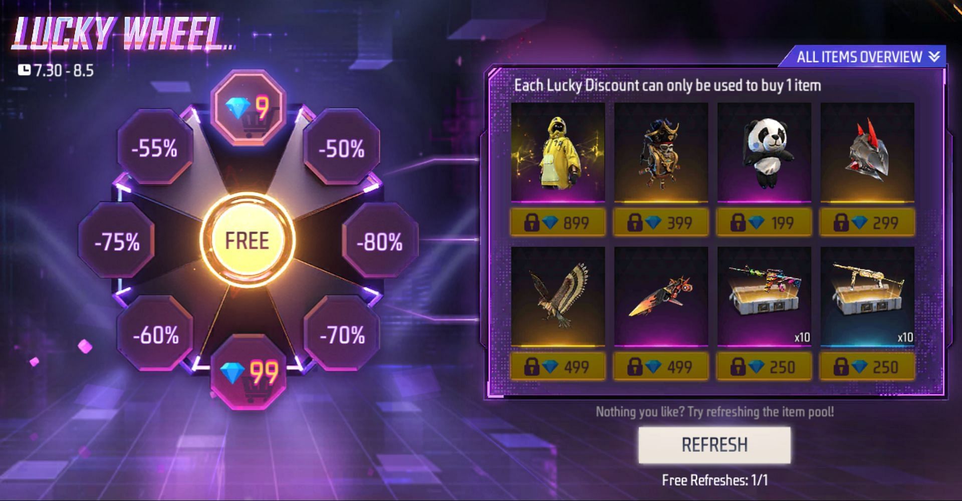 کاربران می توانند اقلامی را با قیمت کمتر از 9 الماس دریافت کنند (تصویر از طریق Garena)