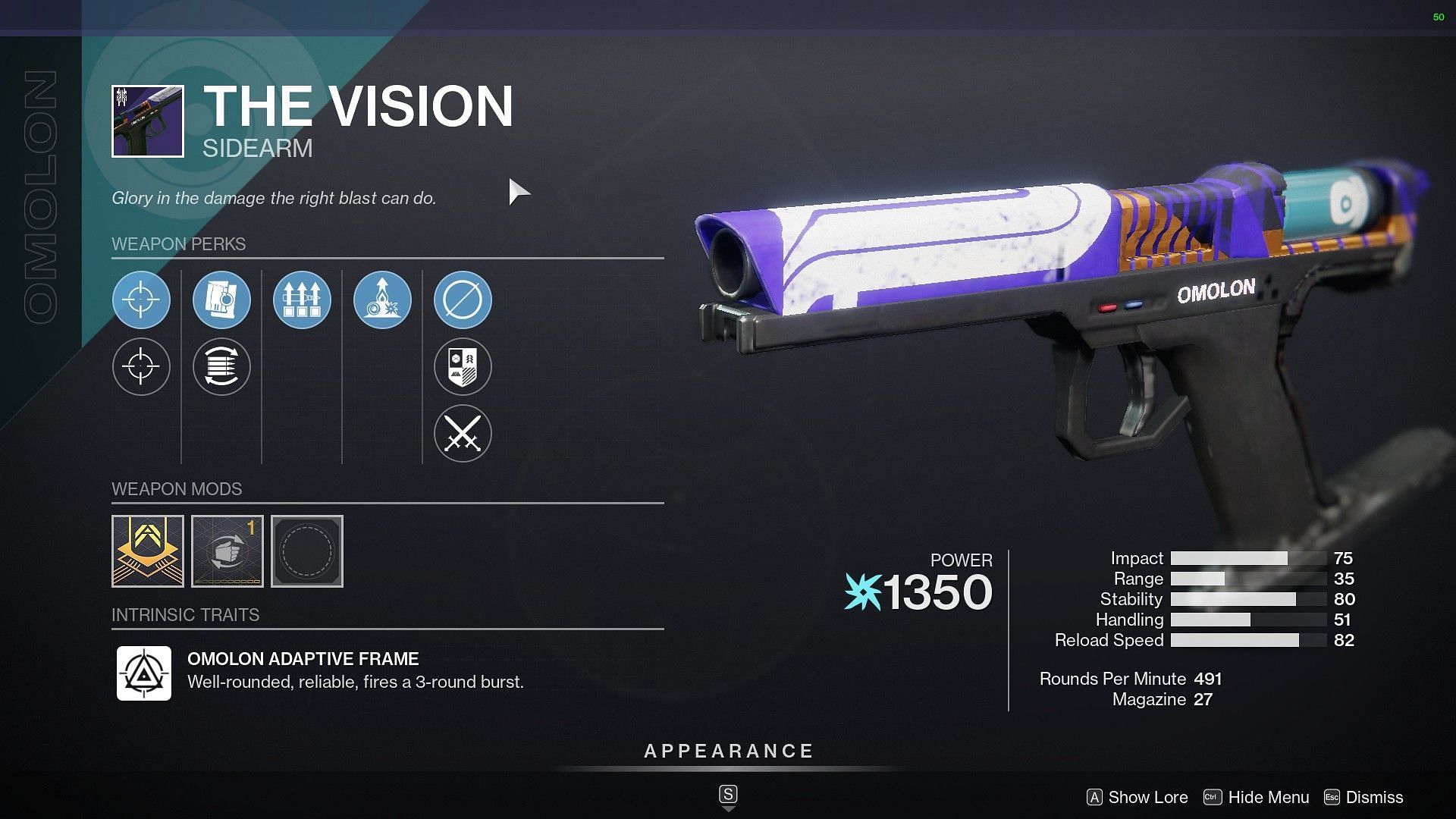 The Vision Sidearm on Banshee for sale (Image via Bungie)