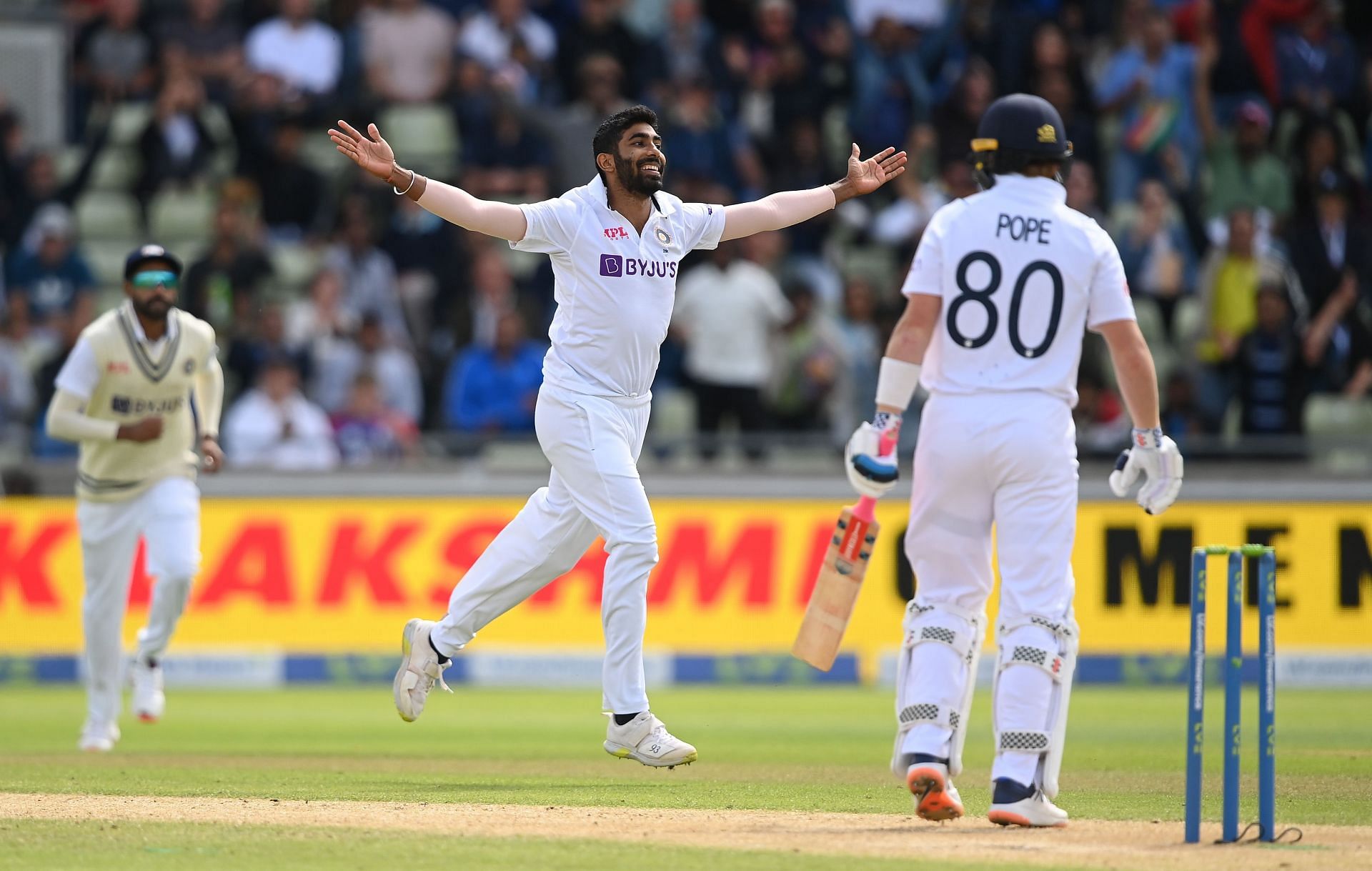 Jasprit Bumrah celebrates taking the wicket of Ollie Pope. Pic: Getty Images
