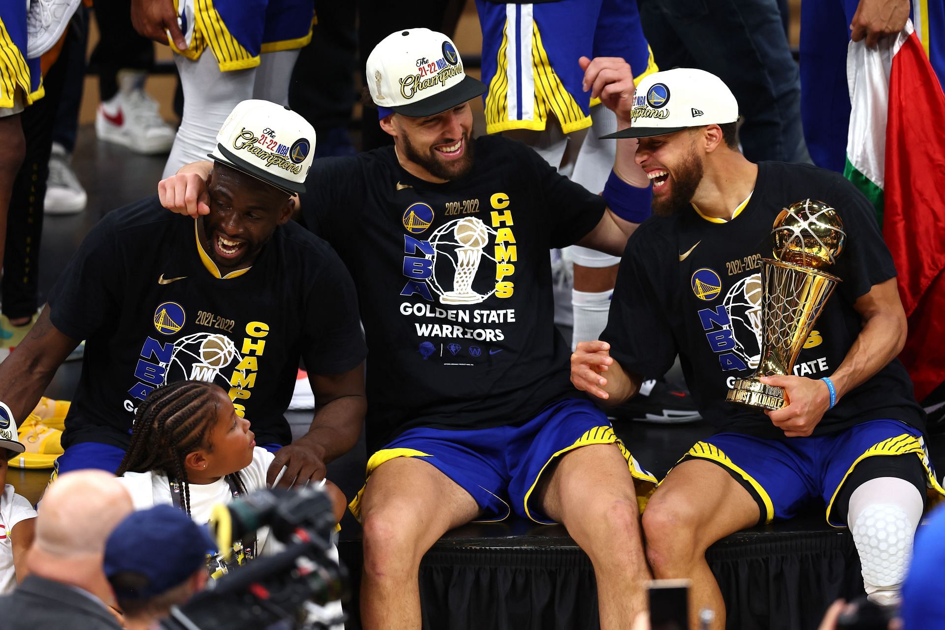 Draymond Green (left), Klay Thompson (middle) and Stephen Curry of the Golden State Warriors