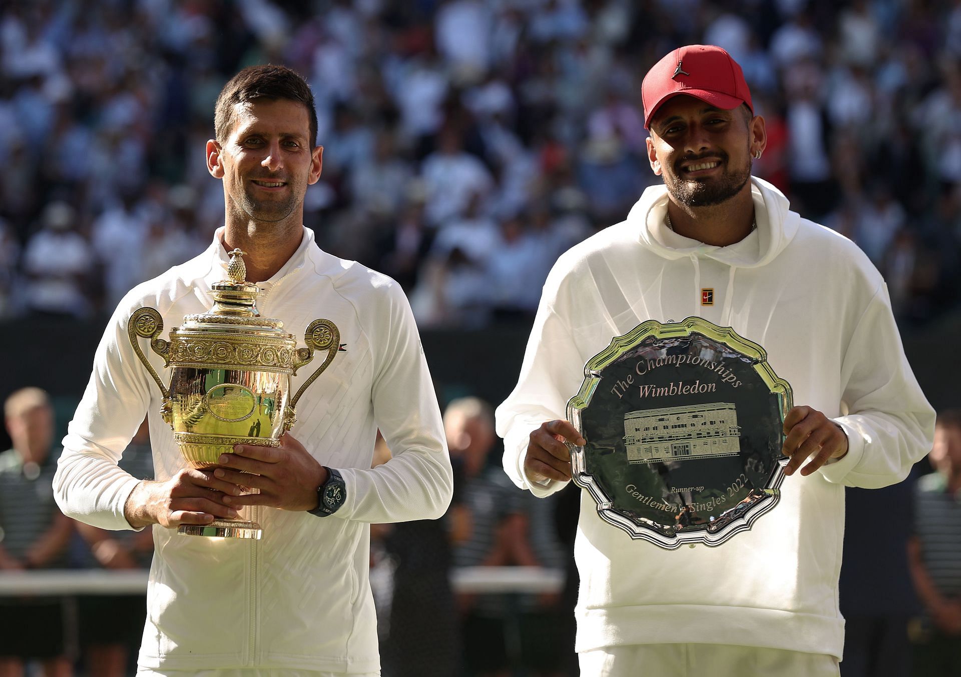 Nick Kyrgios (right) on Day Fourteen: The Championships - Wimbledon 2022