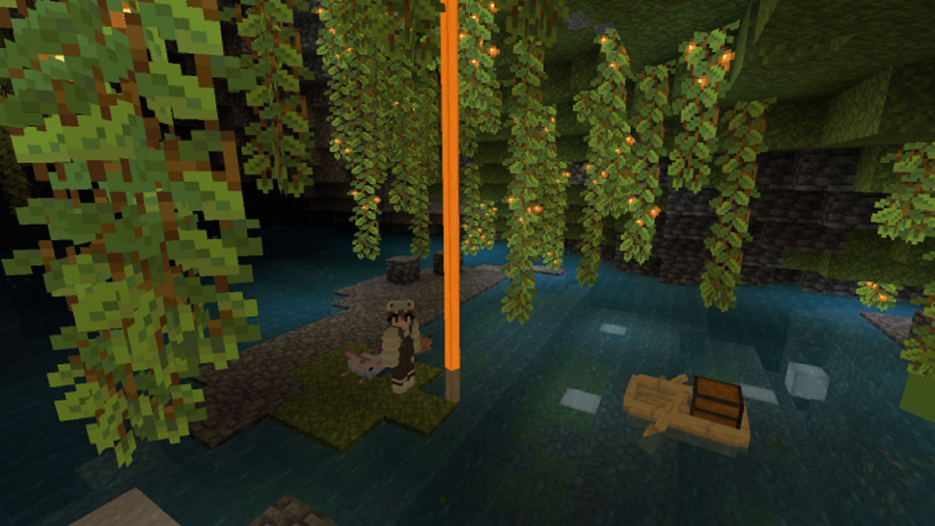 A waypoint fires its beam into a lush cave (Image via O CHETTY O/Mcpedl)