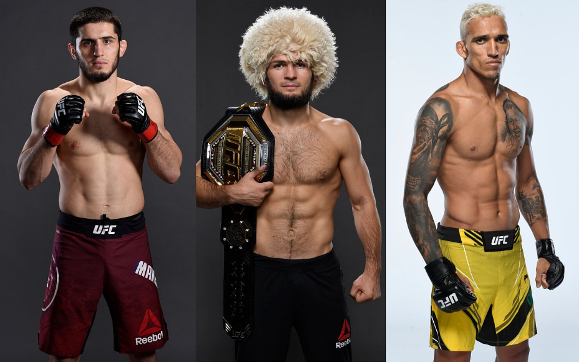 Islam Makhachev (left), Khabib Nurmagomedov (middle), and Charles Oliveira (right)(Images via Getty)