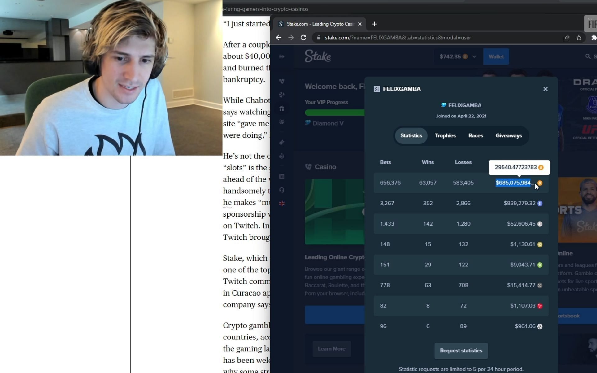 Felix shows the amount he&#039;s wagered on Stake on stream (Image via xQc/Twitch)