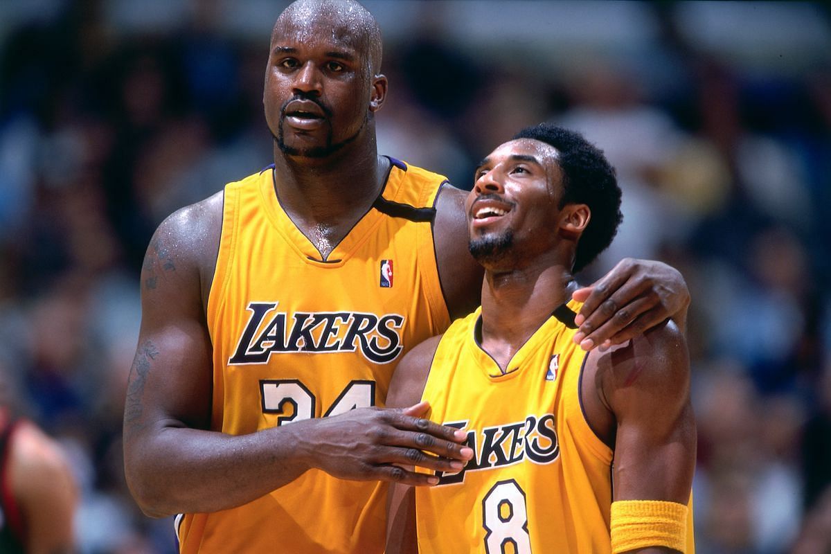 LA Lakers superstars Shaquille O&#039;Neal, left, and Kobe Bryant