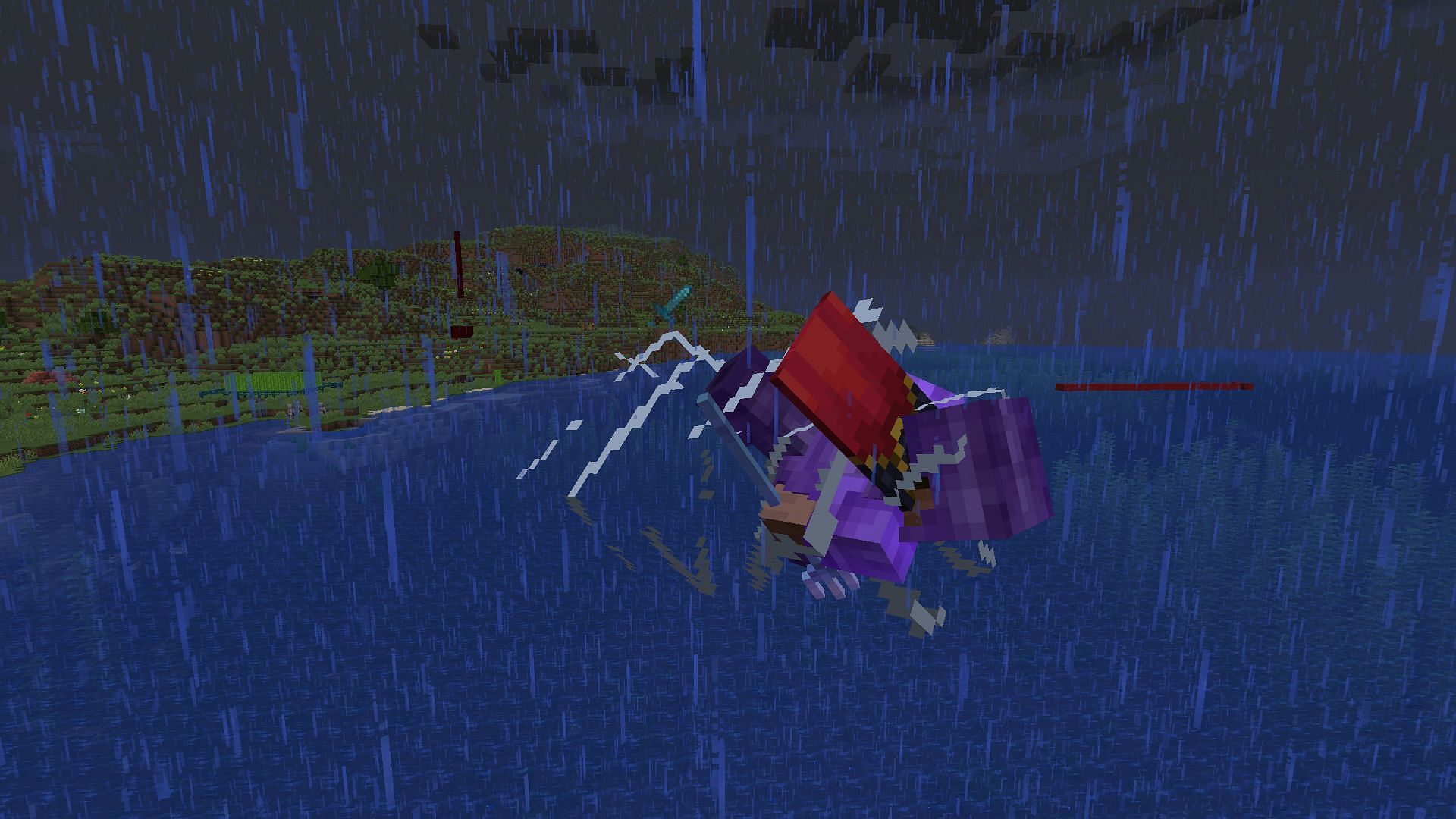 A player flying through the air using riptide (Image via Minecraft)