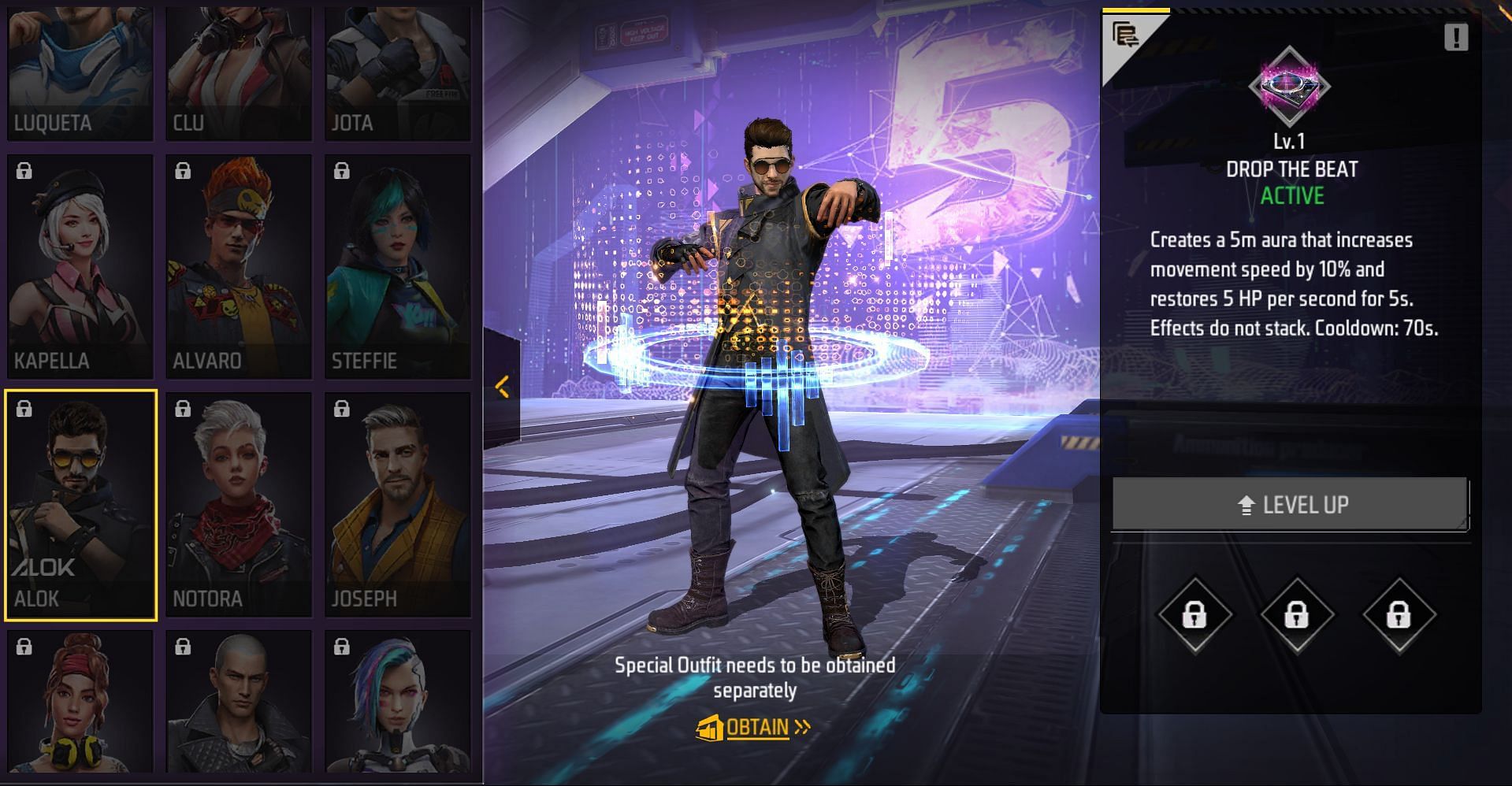 O Drop the Beat de Alok aumenta a velocidade de movimento em 10% e restaura a saúde (Imagem via Garena)