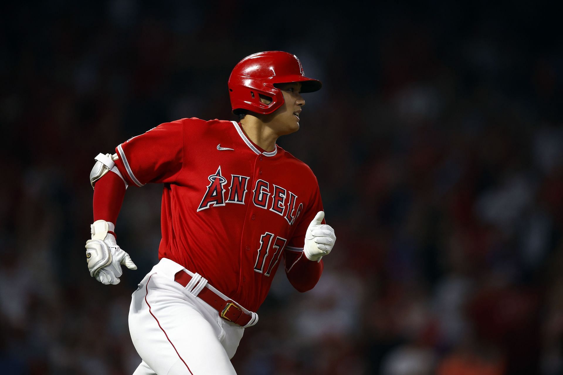 Shohei Ohtani hits a home run against the Minnesota Twins in the eighth inning at Angel Stadium.