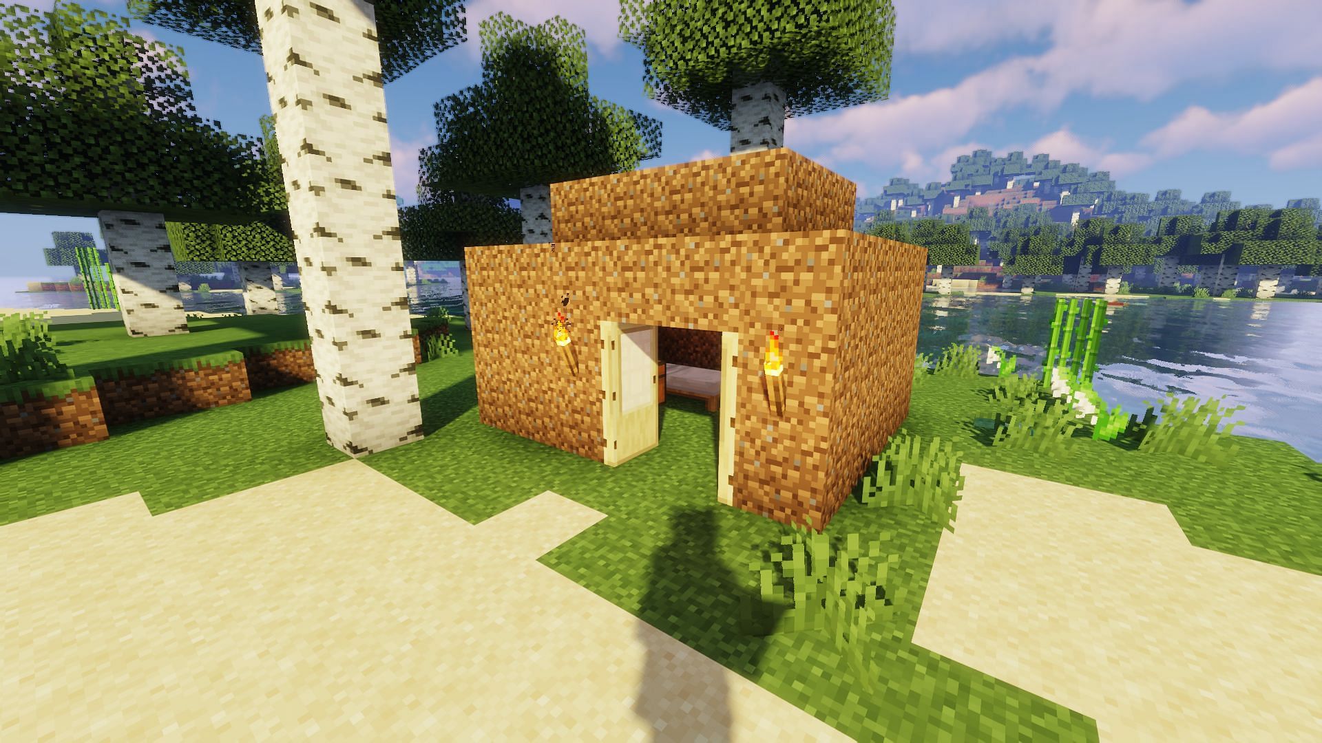 A simple mud hut that players could build on their first day (Image via Minecraft)