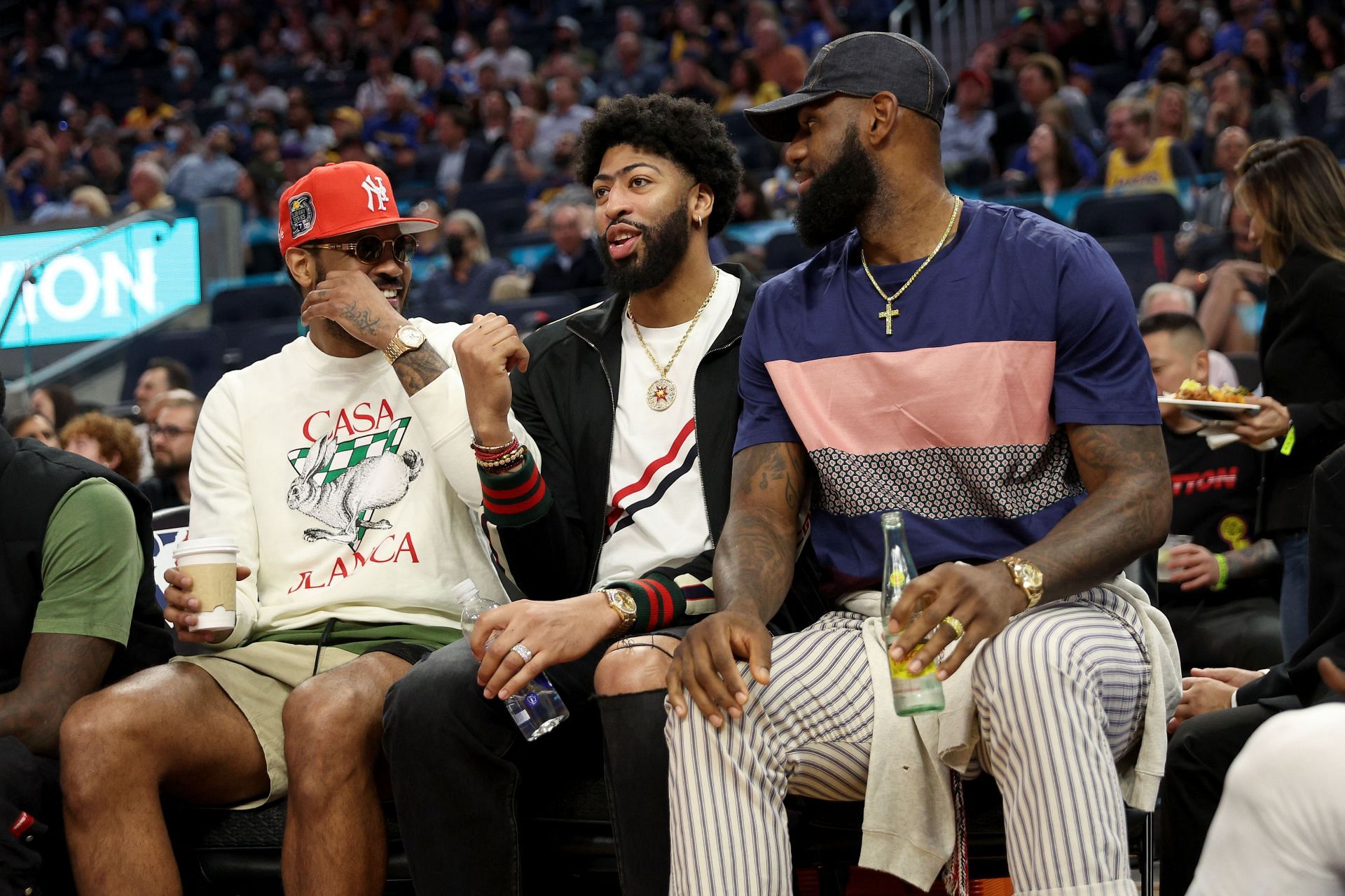 Carmelo Anthony, Anthony Davis, and LeBron James (left to right) of the LA Lakers