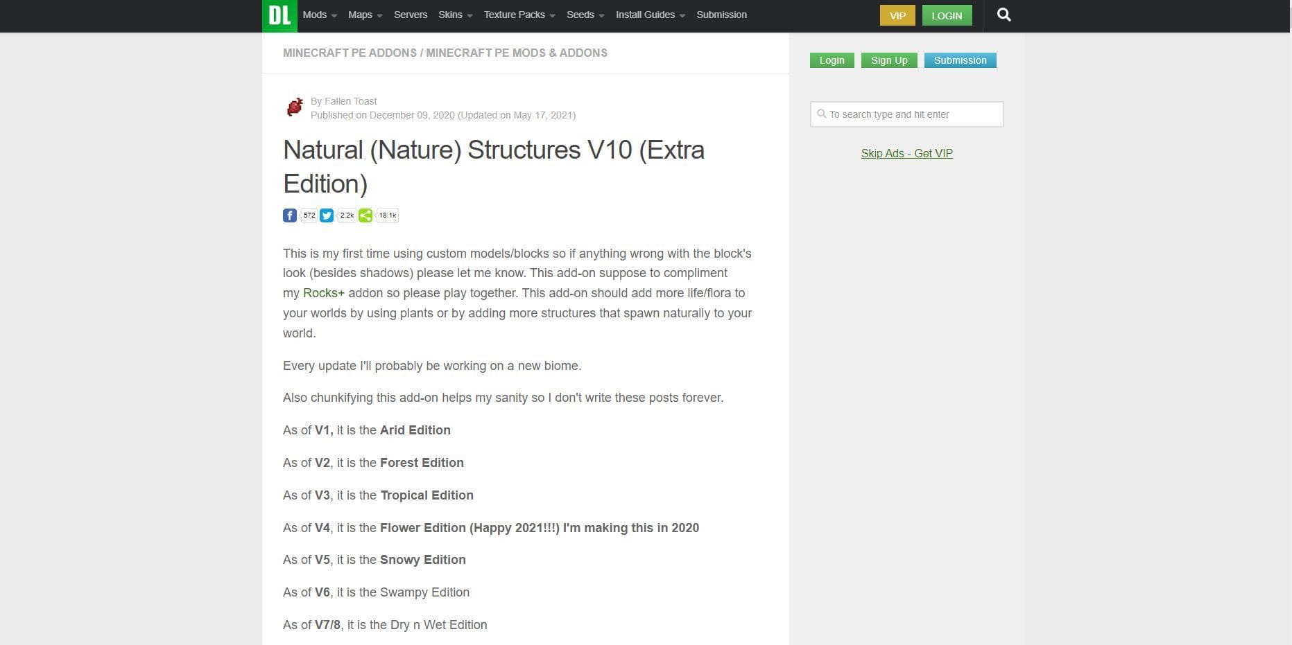 The webpage for the Natural Structures addon (Image via mcpedl)