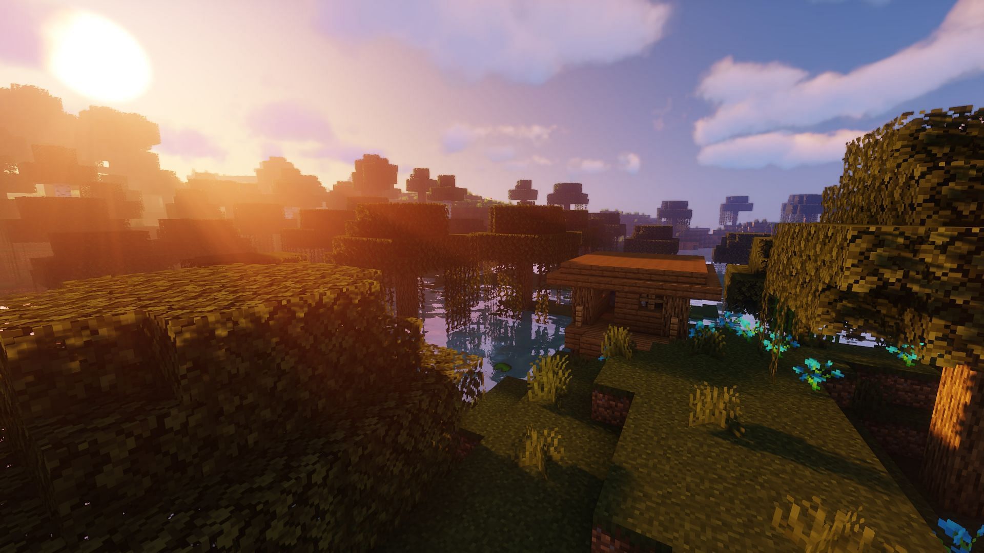 A witch's hut in a swamp seen through a sunrise, one of the time command presets (Image via Minecraft)