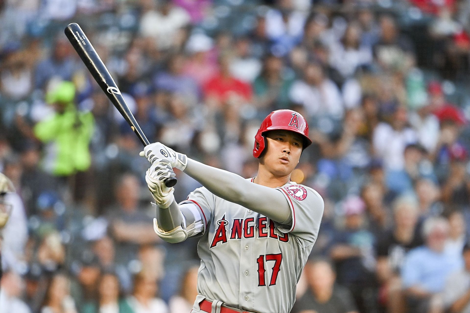 Shohei Ohtani bats during the first inning against the Seattle Mariners at T-Mobile Park.