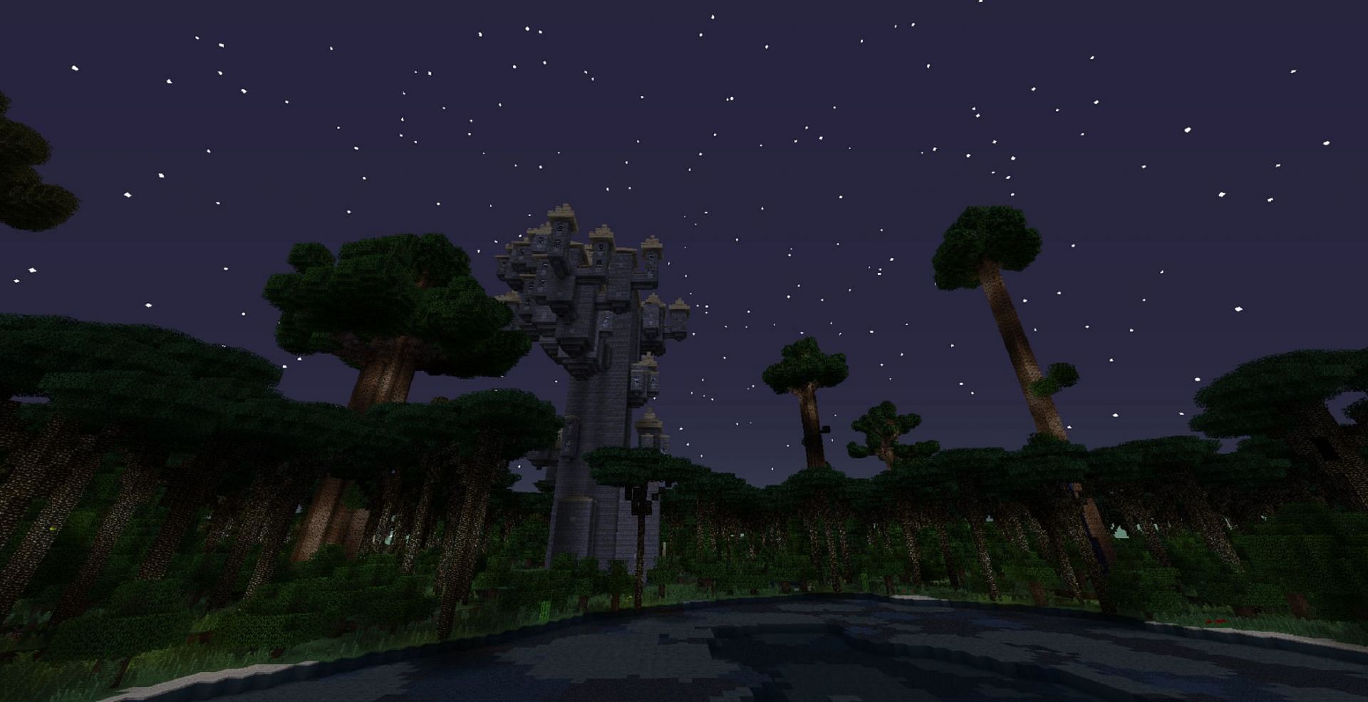 A tower by the water in The Twilight Forest mod (Image via Benimatic/CurseForge)