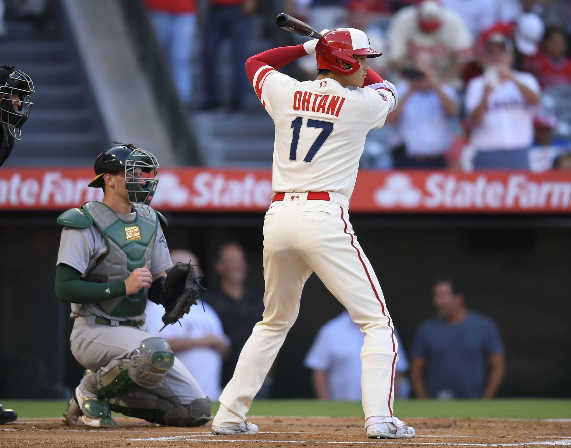 Shohei Ohtani of the Angels bats in a game versus the Athletics.