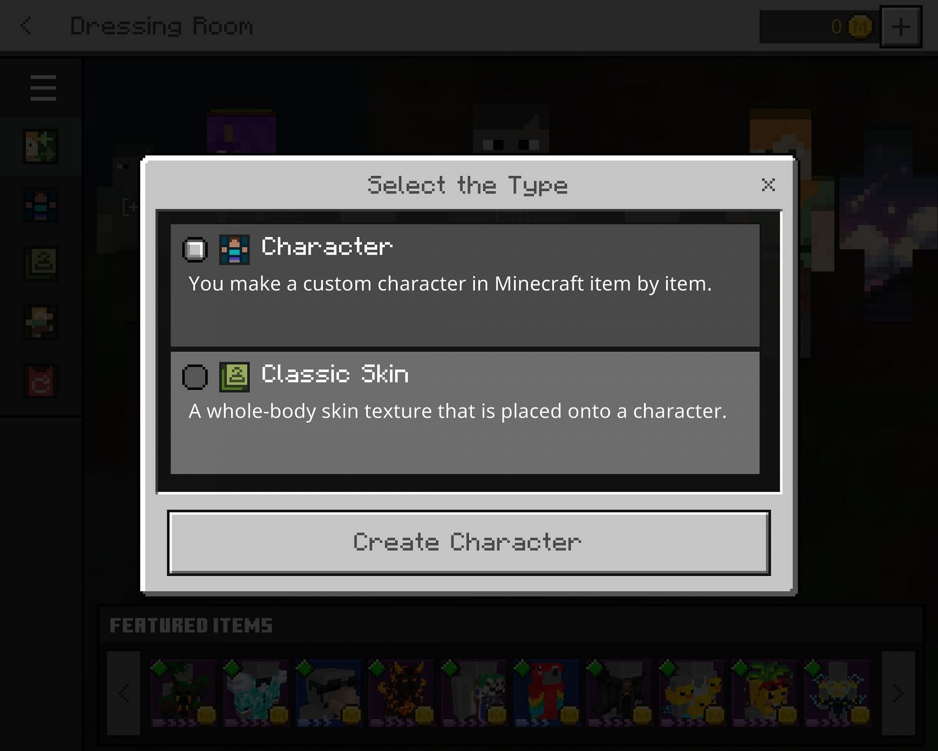 The character type dialog (Image via Minecraft)
