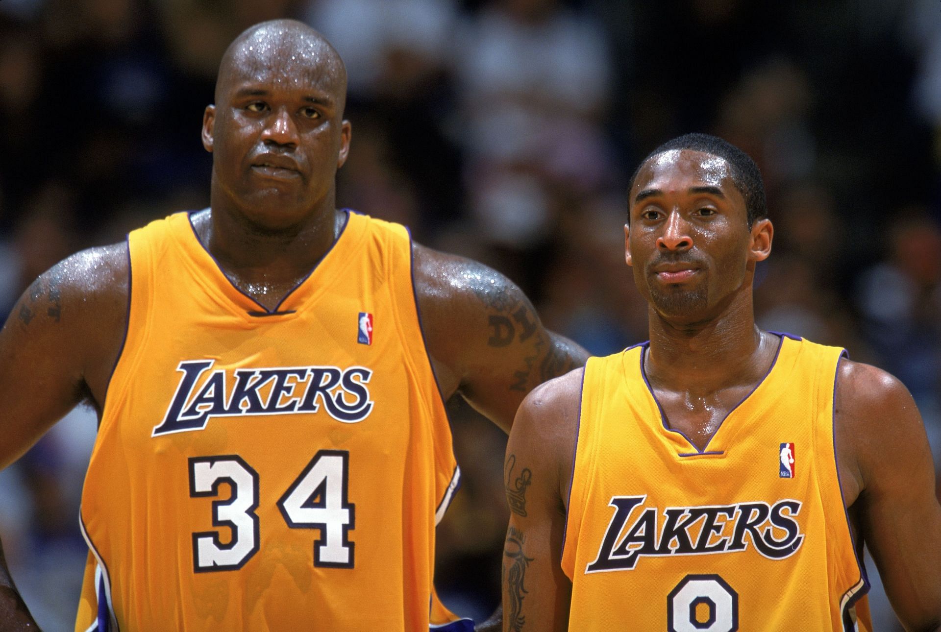 LA Lakers superstars Shaquille O&#039;Neal, left, and Kobe Bryant