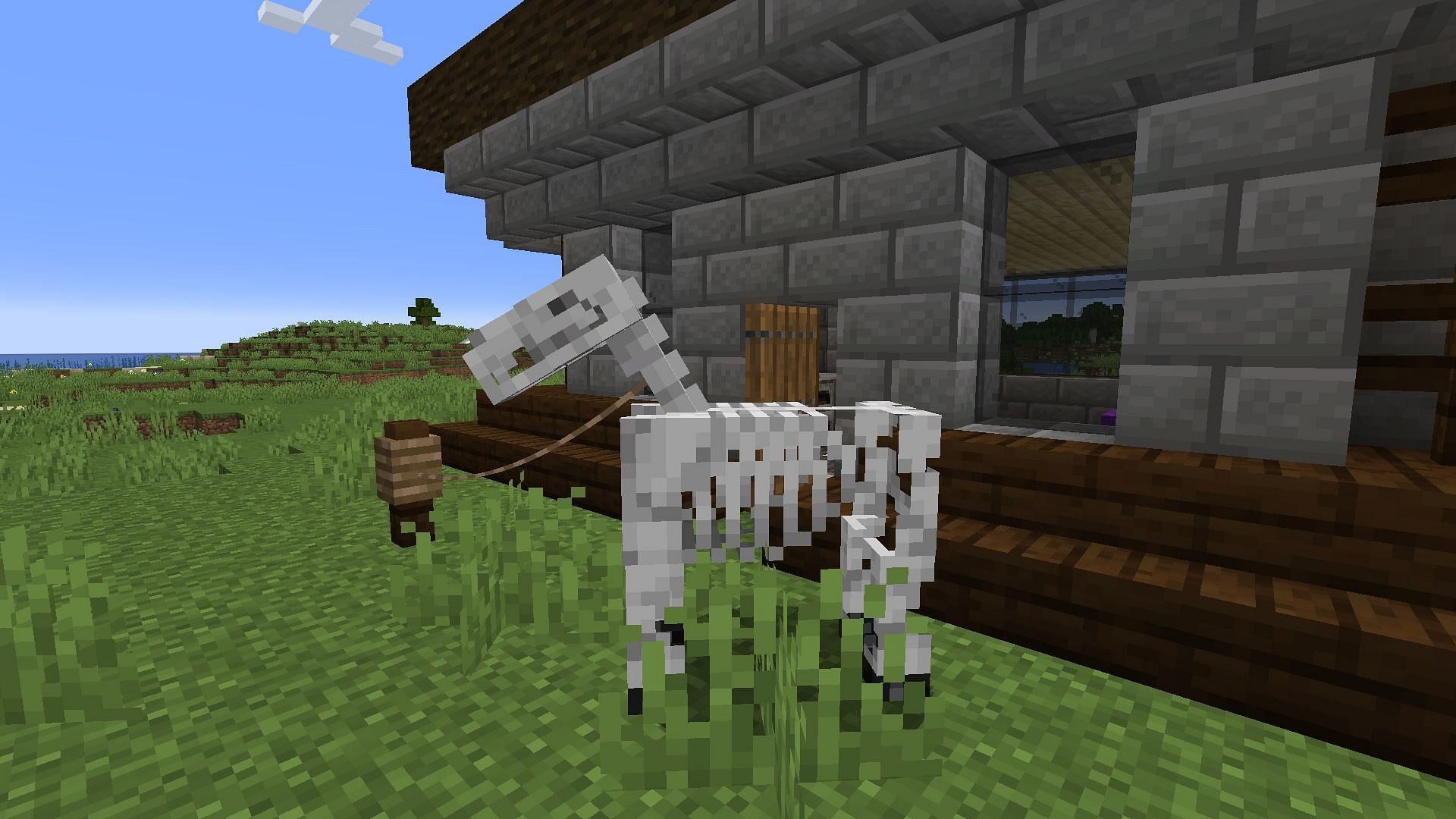 A skeleton horse on a lead (Image via Minecraft)