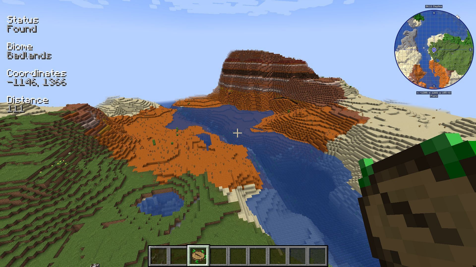 Nature&rsquo;s Compass pointing towards a badlands biome (Image via Minecraft)