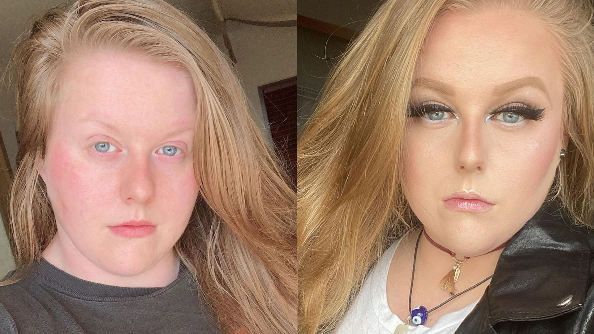 Doudrop without makeup (left) and with makeup (right)