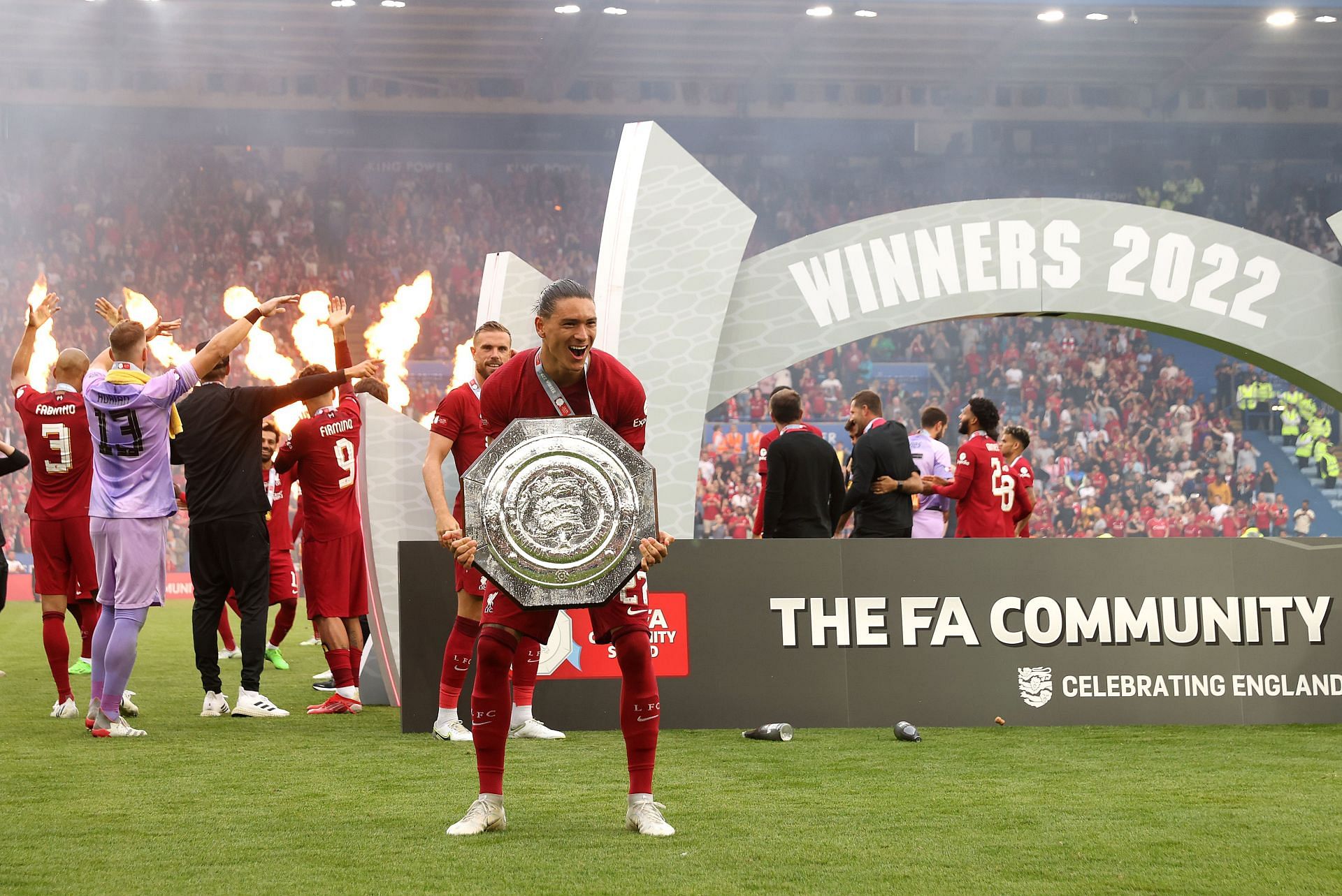 Nunez celebrating Community Shield sucess with Liverpool ahead of the Premier League season