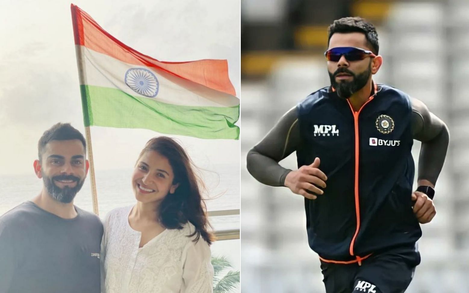 (Left) Virat Kohli and Anushka Sharma; (Right) the cricketer during a practice session. Pics: Instagram/ Twitter