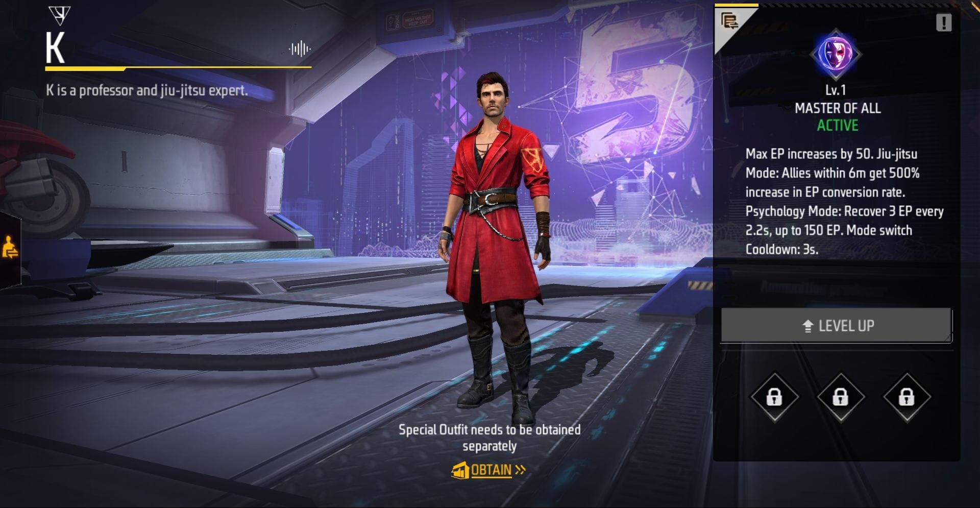 K has an incredible ability called Master of All in Free Fire (Image via Garena)