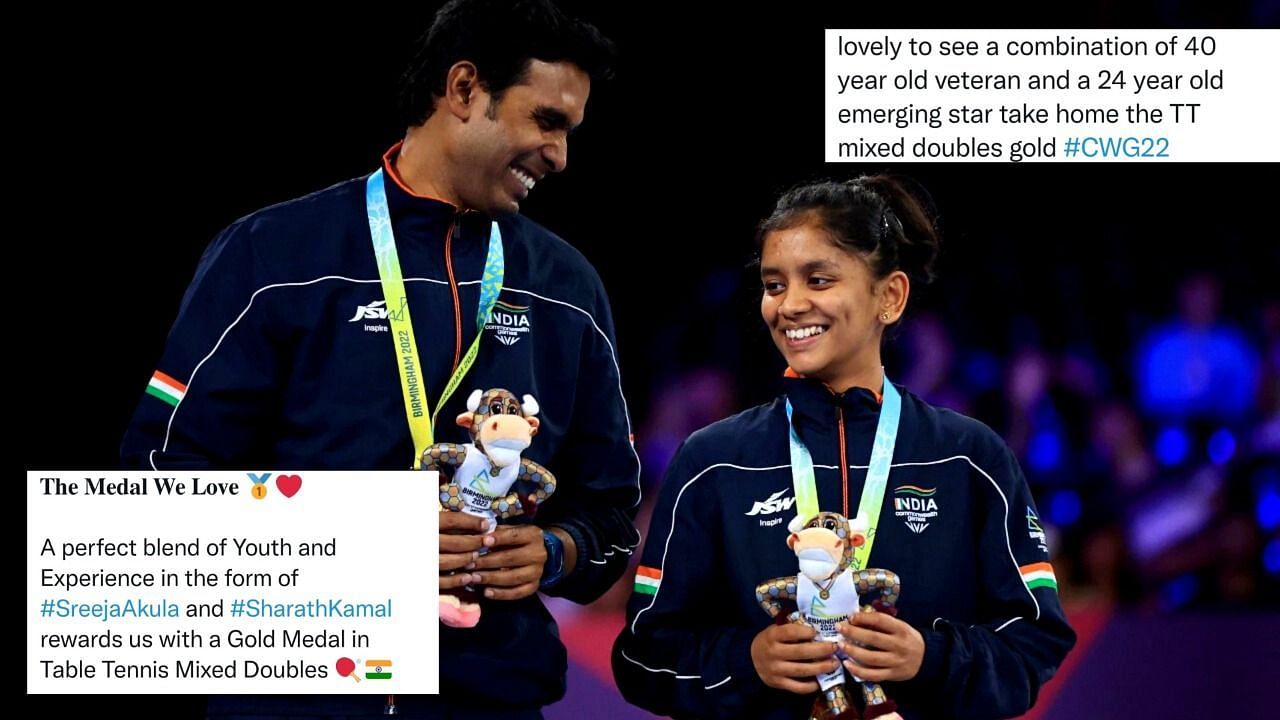 Achanta Sharath Kamal and Sreeja Akula with the gold medal. (PC: Getty Images)