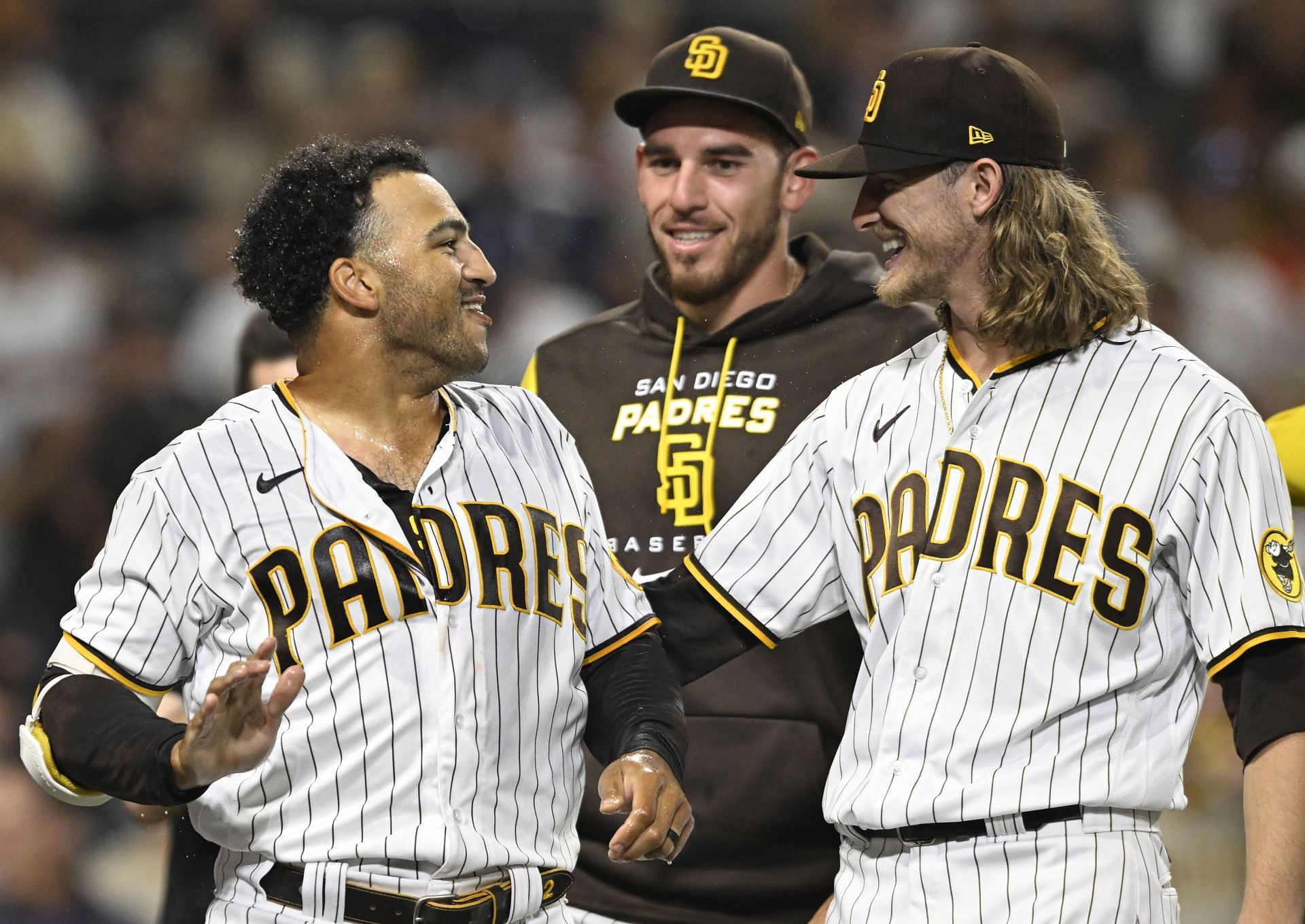 Josh Hader is greeted by teammates after completing a Colorado Rockies vs. San Diego Padres - game two.