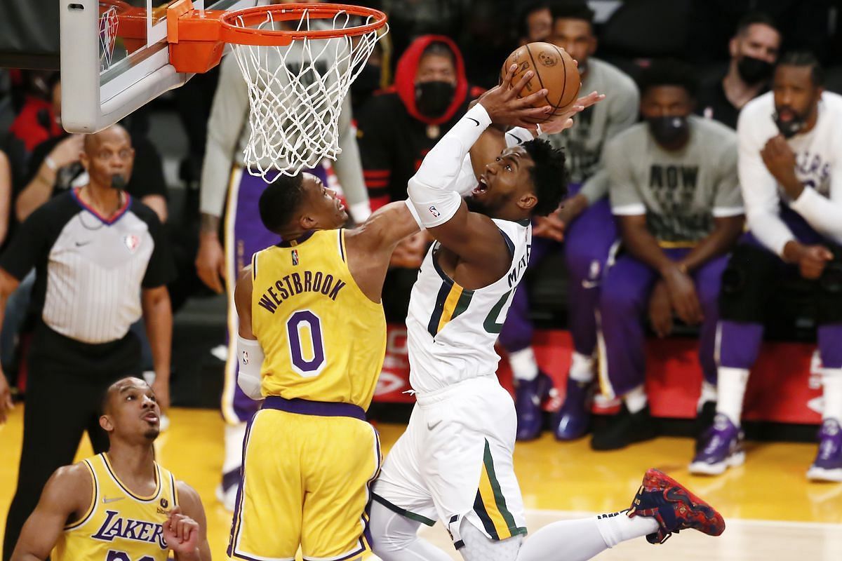 Donovan Mitchell of the Utah Jazz against Russell Westbrook of the LA Lakers