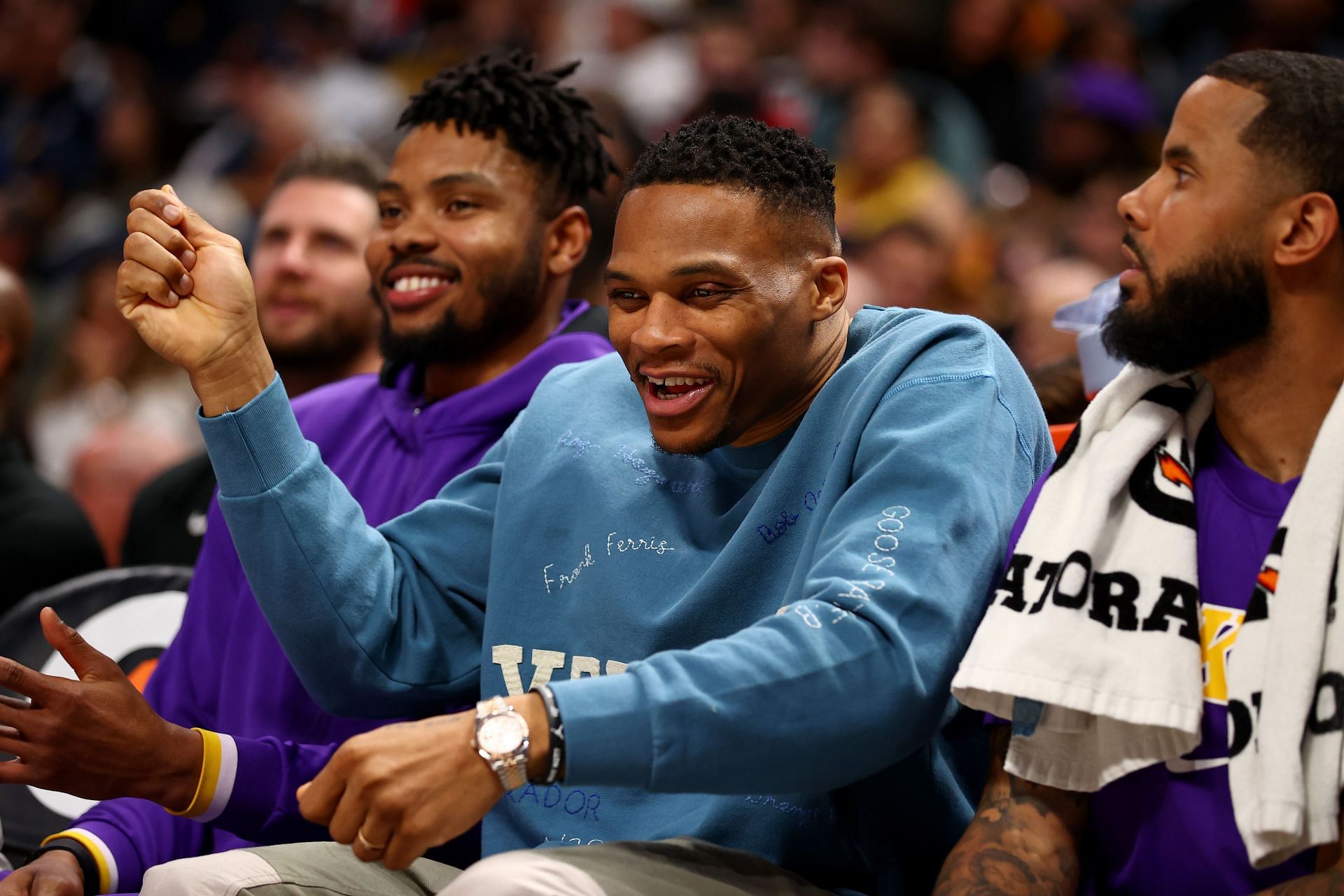 Russell Westbrook of the LA Lakers laughs on the bench