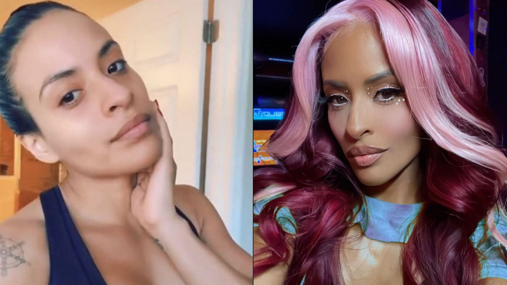Queen Zelina without makeup (left) and with makeup (right)