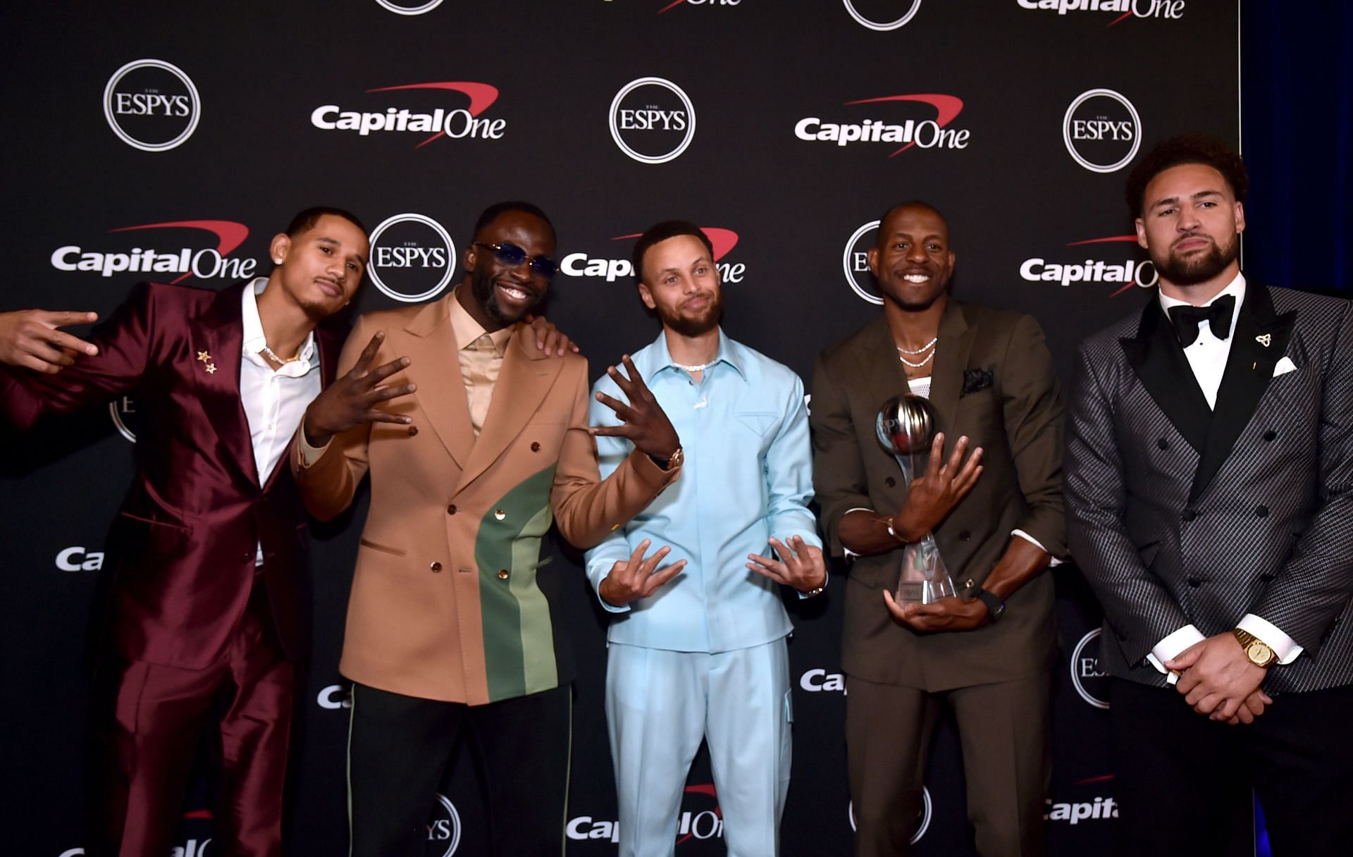 (L-R) Juan Toscano-Anderson, Draymond Green, Stephen Curry, Andre Iguodala and Klay Thompson of the Golden State Warriors backstage at the 2022 ESPYs