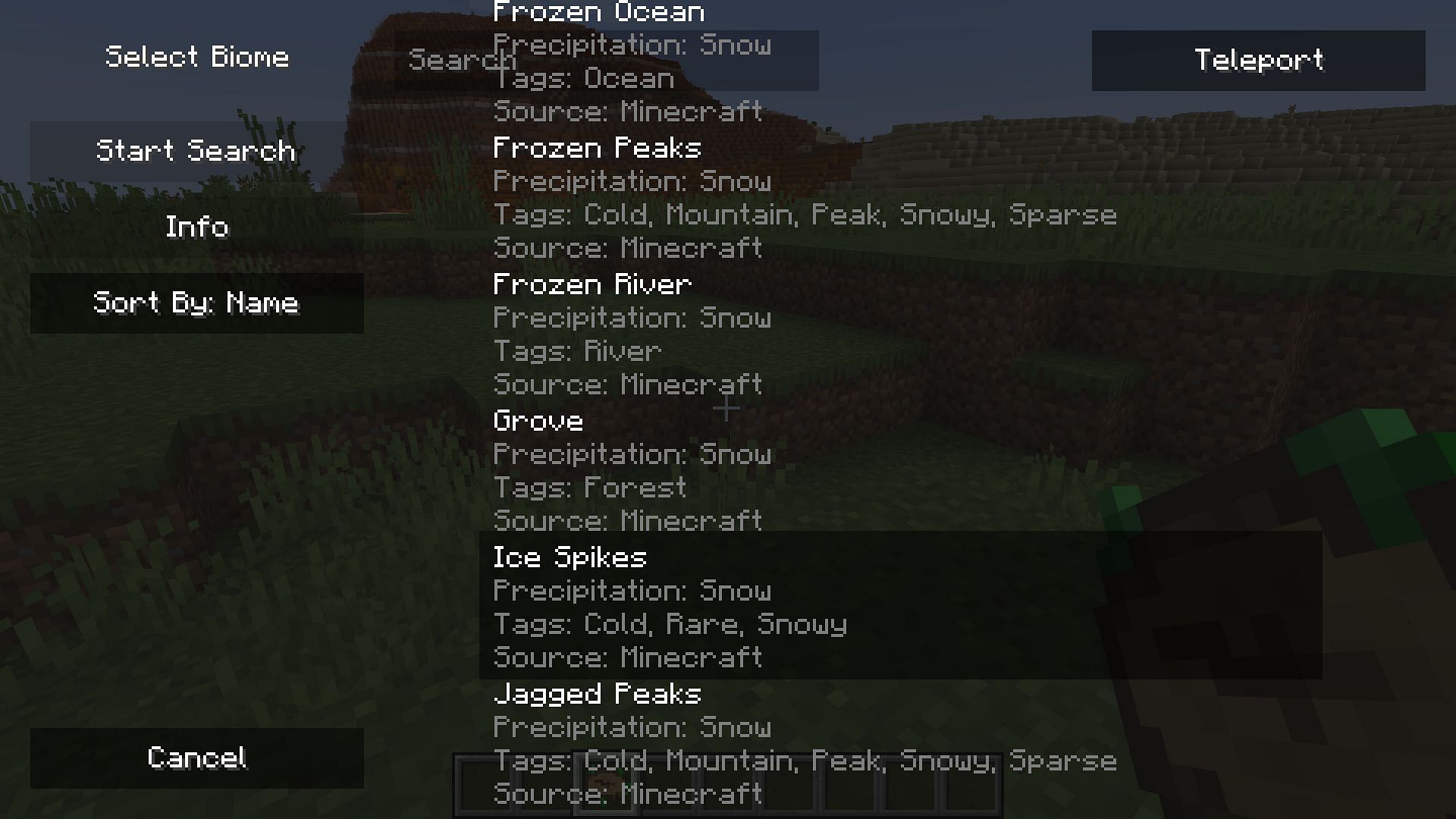 Part of the list of biomes that can be found using Nature&rsquo;s Compass (Image via Minecraft)