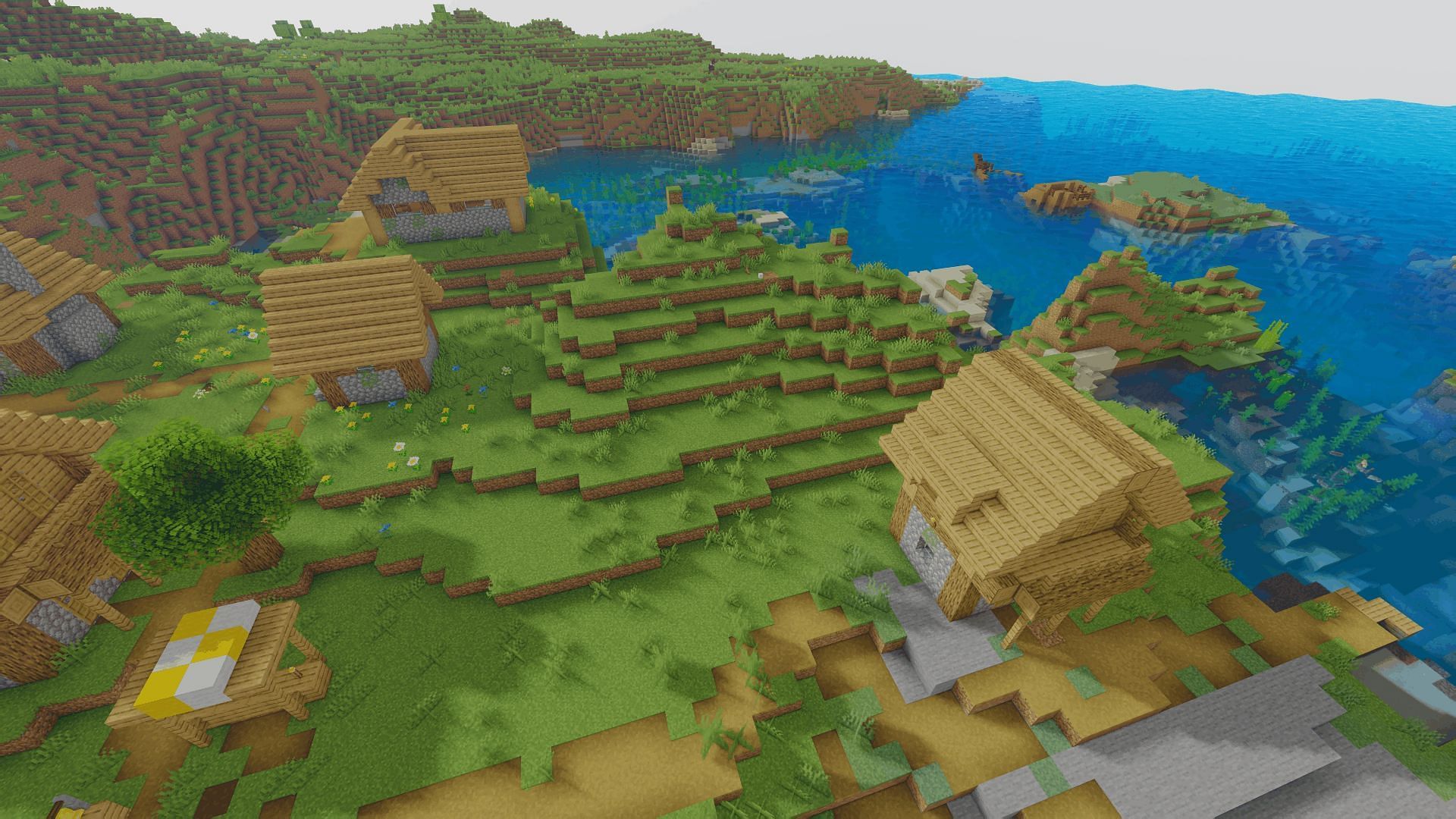 The plains village with the Oceano shader applied (Image via Minecraft)