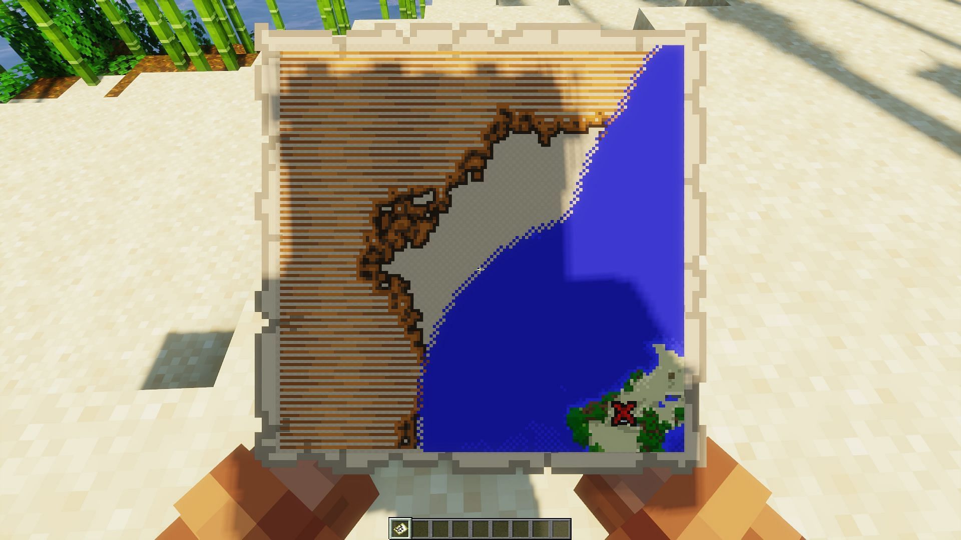 The orientation to position the player directly above the treasure (Image via Minecraft)