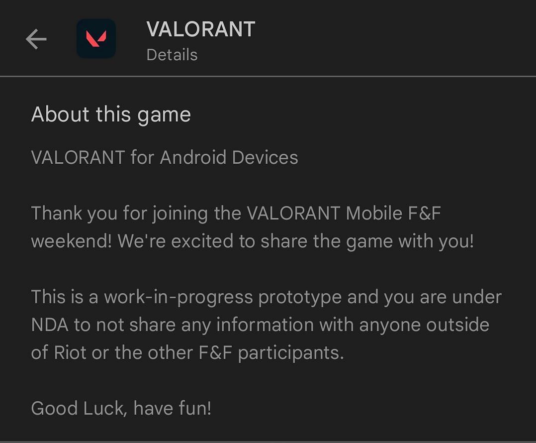 Description in the Google Play Store for Valorant Mobile (Image via Sportskeeda)