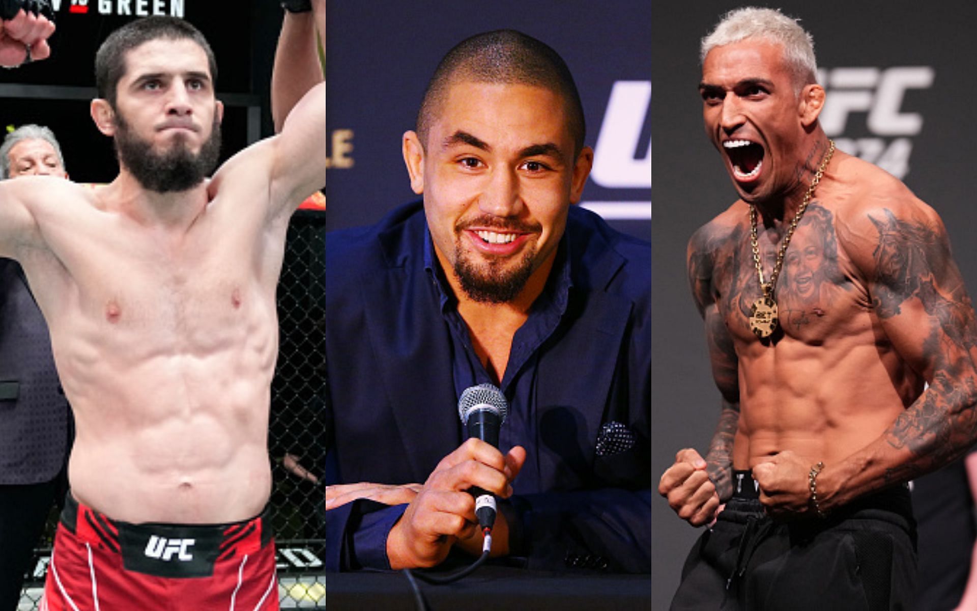 Islam Makhachev (left), Robert Whittaker (middle), Charles Oliveira (right)